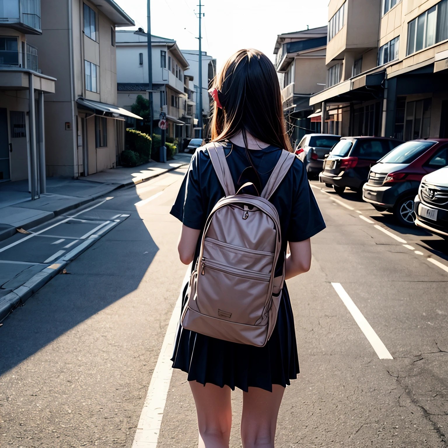 high school girl、On the way home、residential place、one person、darkness、scared、back view、stage day