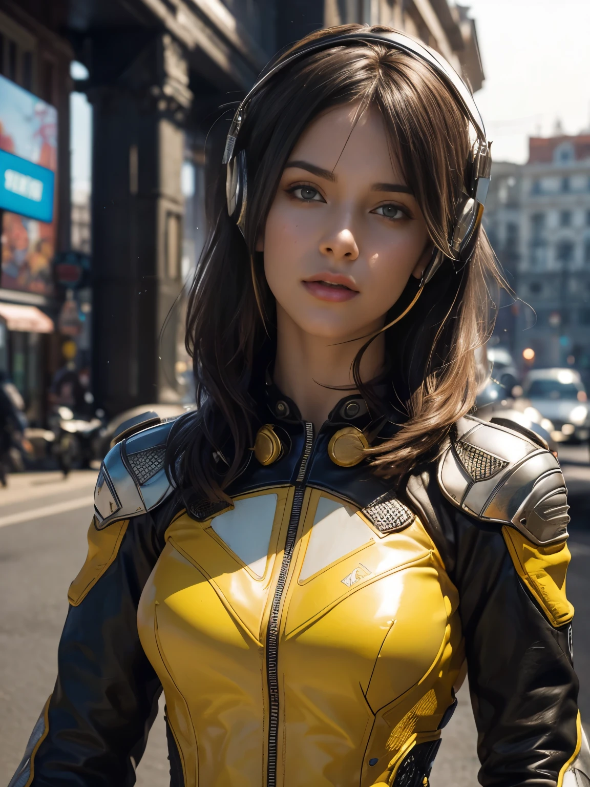 25 year old colossus style woman，(((A woman with a mechanized body))), Slime, dynamic podium: 1.3), (realistic:1.5), (realistic:1.4), 8k, Super detailed beautiful girl, 1 girl, (a sunny day:1.5), intricate body details, (short: 1.3), (highest quality: 1.0), (Super high sharpness: 1.0), (thin hair:1.4),（Beautiful and delicate depiction of eyes）,(ride a motorcycle:1.4),unreal engine:1.4,photorealistic:1.4, skin texture:1.4, masterpiece:1.8,highest quality at best,(Wearing the communication headset、future city、yellow body
