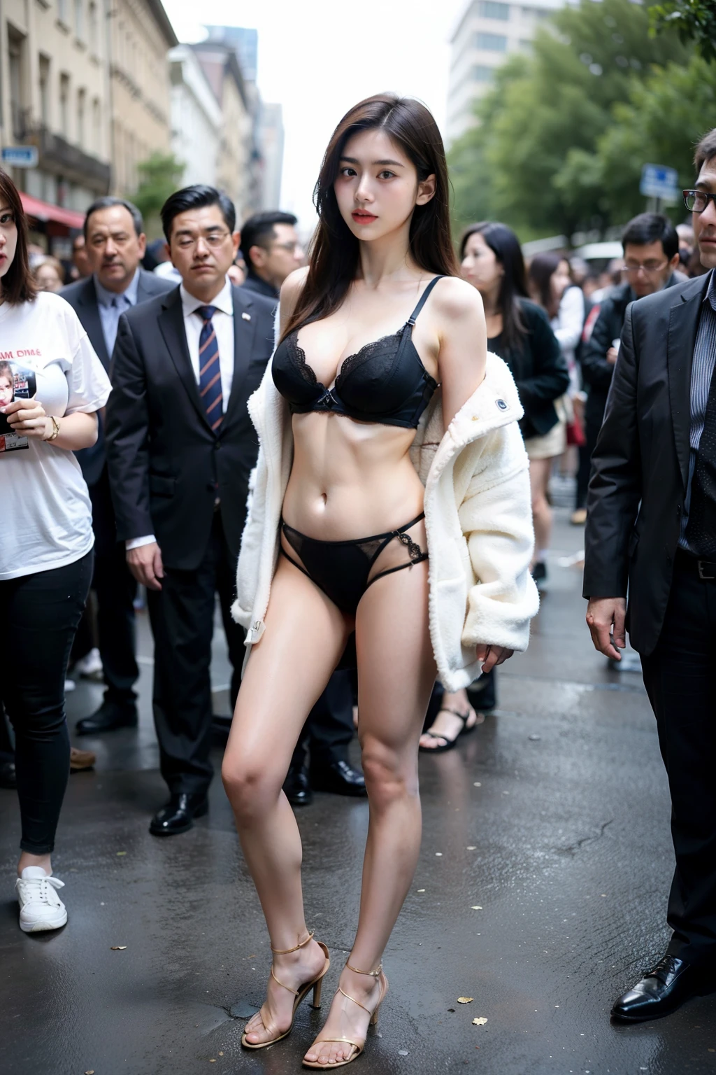 photography of a 20yo woman, asian, perfect face, masterpiece, bra, black_bra, jacket,in the middle of a crowd, big tit, lot people, full body, no panties