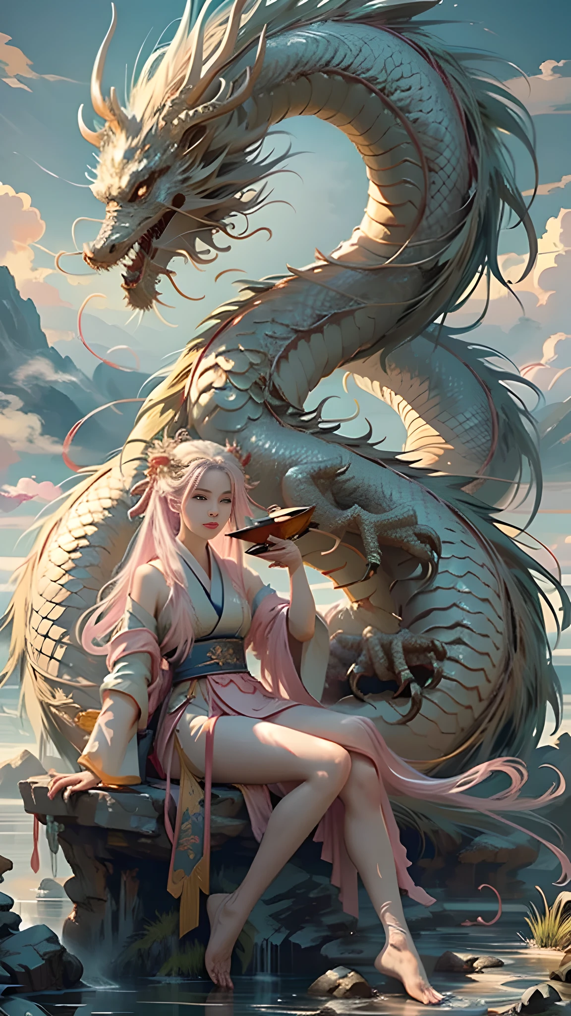 masterpiece，high quality，best quality，official art，Beauty and Aesthetics，epic，super detailed，surreal，a girl,(Girl sitting on a dragon)，Pink Hanfu，golden dragon，dynamic poses，looking at the audience，In the clouds，surrounded by white clouds，Xiangyun，charming colors，theater lighting，Edge light，（Depth of field of view：1.2）