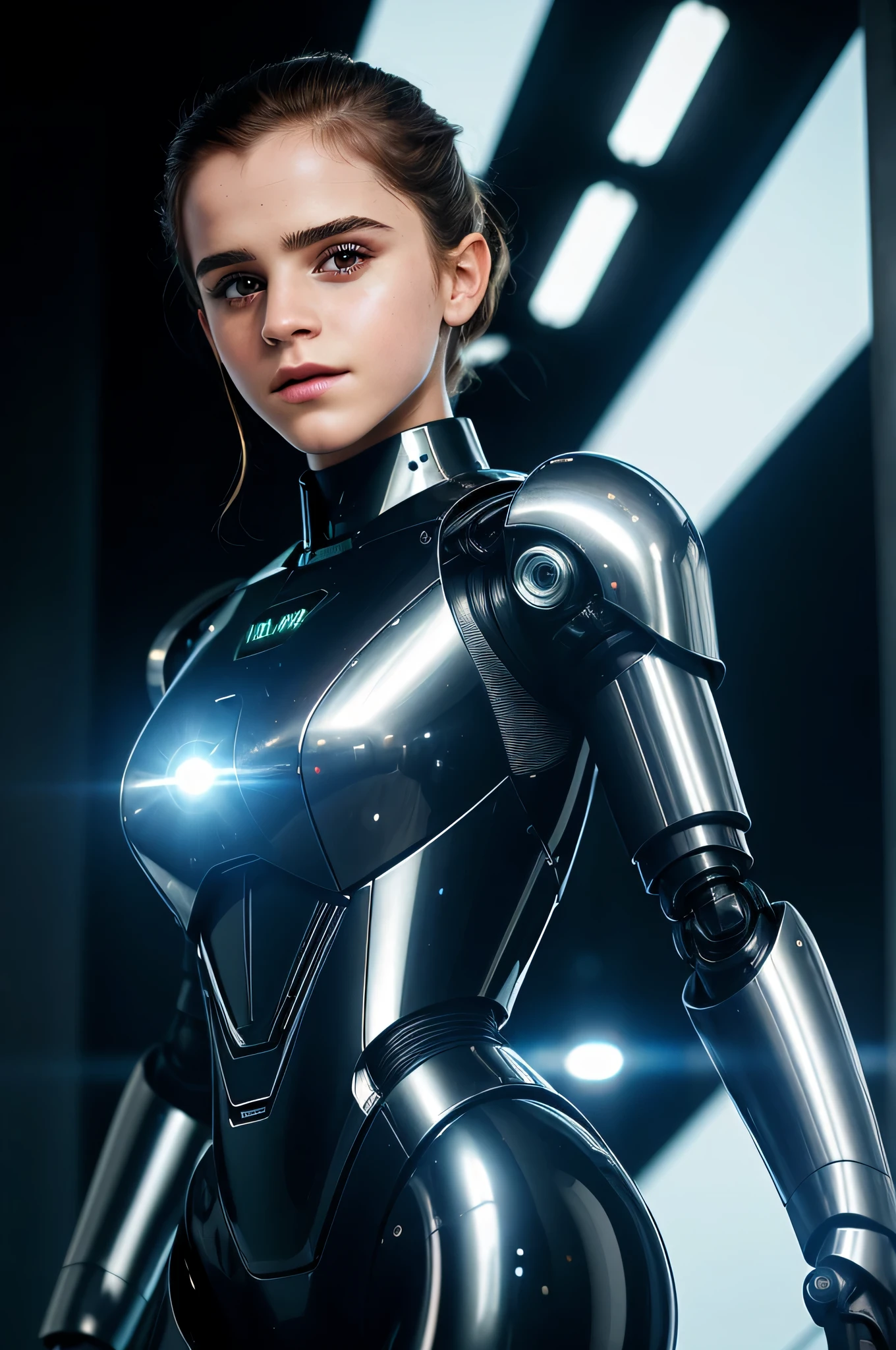 A bald cyborg Emma Watson, with loose wires, metallic skin, hoses, exposed torso, androidperson, mark brooks, david mann, robot brain, made of steel, hyperrealism, post-apocalyptic, mechanical parts, joints, mecha, j_sci-fi