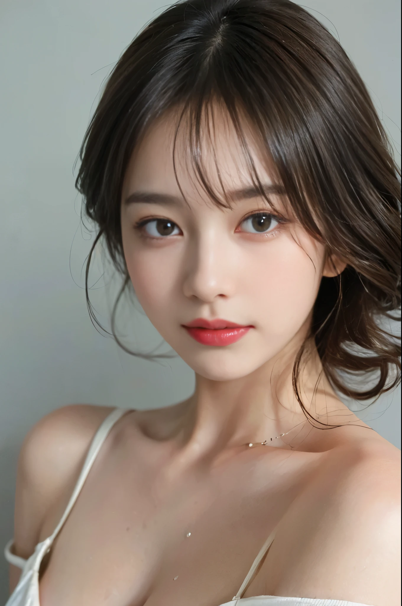 highest quality, masterpiece, 超High resolution, (realistic:1.5), RAW photo, 1 girl, off shoulder(highest quality、8k、32K、masterpiece、Hmm:1.2)、cute日本人女性の写真、long hair、(whole body:1.6)、(Upper body:1.4)、surface focus、necklace、simple background、looking at the viewer、(looking at the camera:1.4)、mix 4、(8k、Raw photo、highest quality、masterpiece:1.2)、(realistic、Photoreal:1.37)、1 girl、cute、indoor、Wet、professional lighting、photon mapping、radio city、Physically based rendering、gradient brunette hair、short curly hair、Handsome、Girly、white ball set、excellent image quality、High resolution、1080p、(clean face)、(Detailed facial description)、(detailed description of hands)、(Masseter muscle part)、(Detailed CG)、 extreme light and shadow、masterpiece、rich details、(exquisite features)、(best image quality)、(masterpiece)、(detailed eye)、looking forward to your eyes、delicate clavicle、(huge tit:1.2)、(shy:1.4)、(exposed chest:1.4)、
