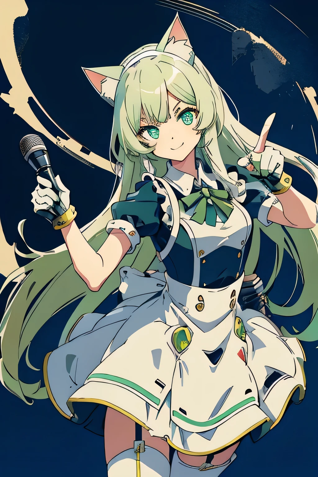 1 Cat-eared maid wearing a mecha suit, Slender fuselage,shining eyes, ((cool pointing pose)),((I have a karaoke microphone)),camouflage, green and white body,((cat ears long hair)),battlefield concept art ,ink art, flat color, high contrast, fashion absurdity, highest quality, negative space,Against the background of blue sky and white clouds,With a big smile,