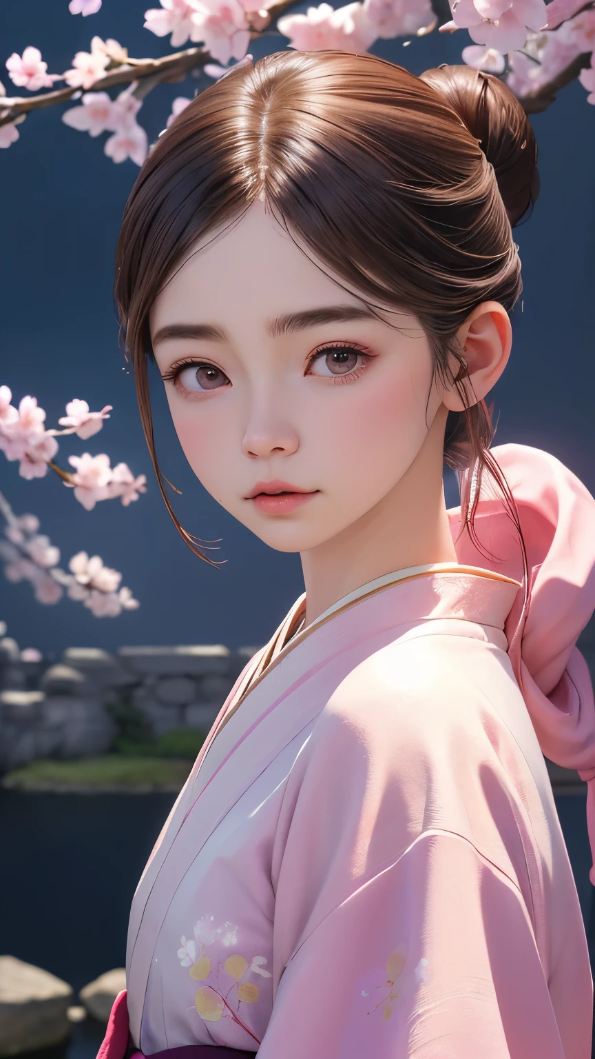 (((palemoonが背景:1.3、pale、moon、night time)))、one girl、16talent、anatomy、small face、small、small鼻、Pale pink eyes、Loosely braided low ponytail、brown hair、small breasts、beautiful kimono、yamato nadeshiko、random pose、Yoshino cherry tree、beautiful cherry blossoms、highest quality、High resolution、High resolution、cinematic lighting、professional photographer