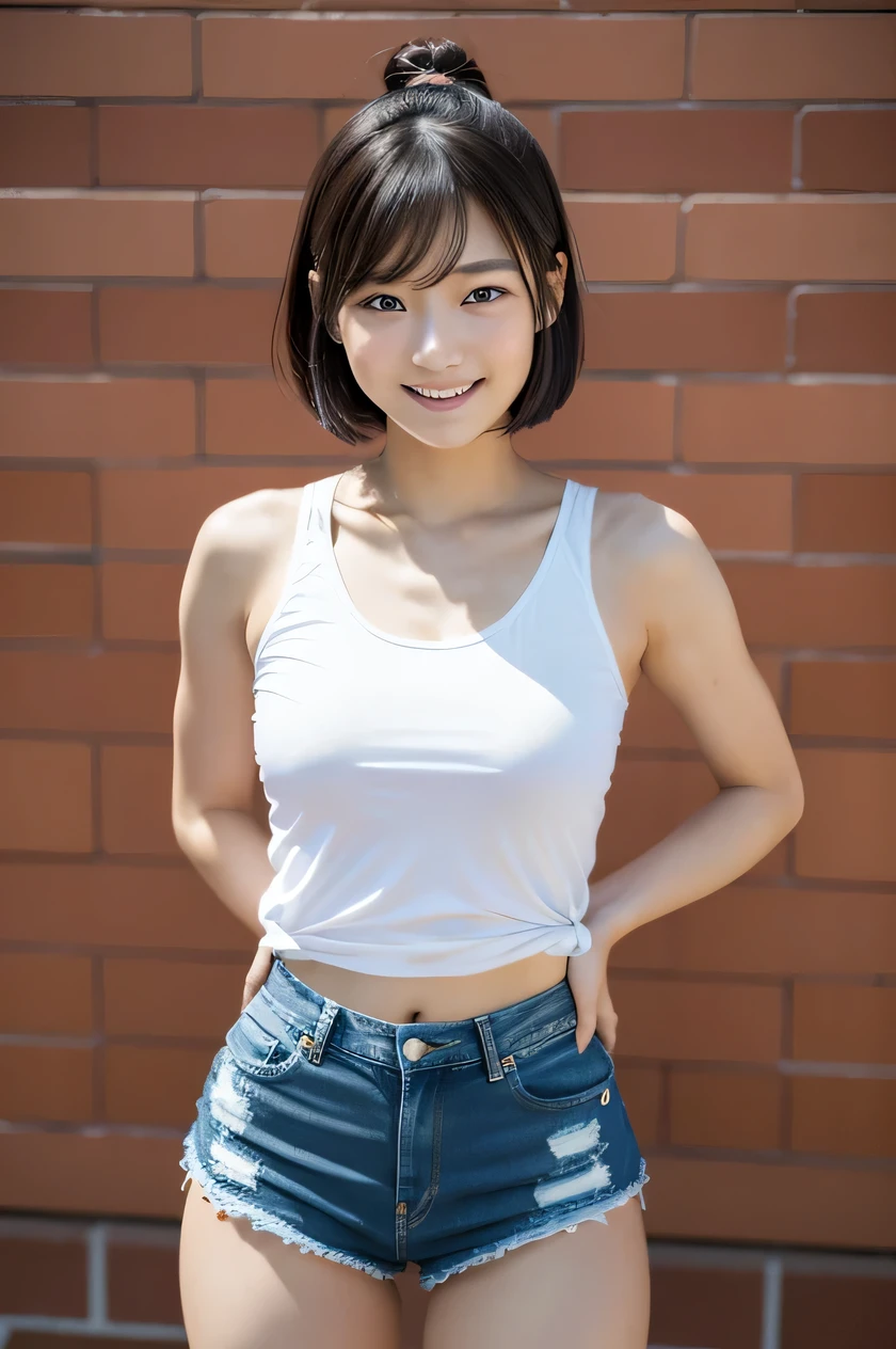 one japanese girl, (a beauty girl, delicate girl:1.3), (, gal:1.3), (denim shorts:1.2), very fine eye definition, (symmetrical black eyes:1.3), stare at the camera, A big smile, show teeth, (trackfield view:1.2), small breasts, brown short hair, girl, (eyes and faces with detailed:1.5), (masterpiece, best quality, ultra detailed, detailed face, 8k), Swayback stance