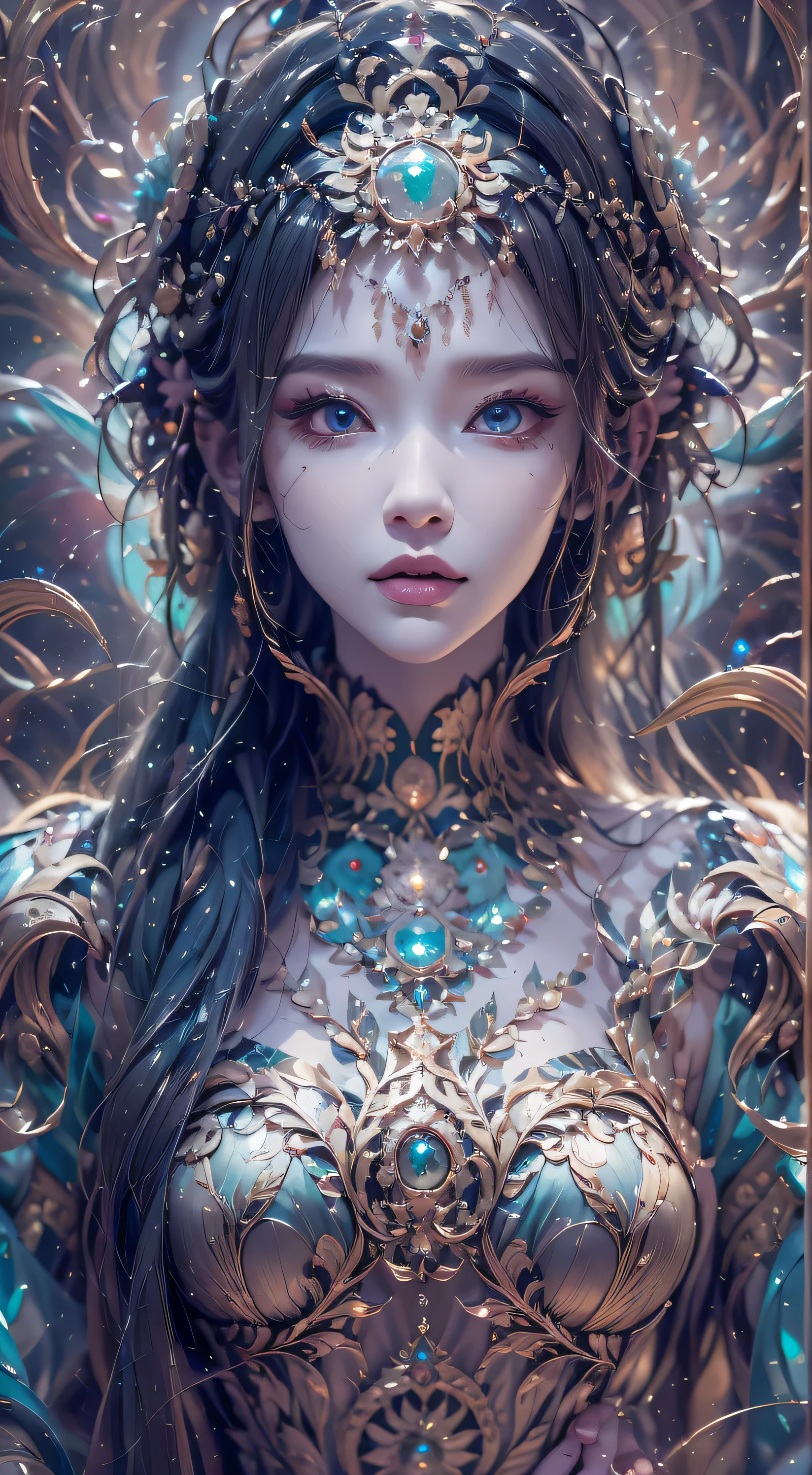 （best quality，super detailed，Best Best Illustration，best shadow，masterpiece，high resolution，Professional artwork，famous artwork），Sky blue picture style，细致s eyes，美丽s eyes，Close-up cleavage，Science fiction，Colored sclera，s eyes，facial markings，tattoo is，（Fractal，Fractal eyes），big eyes，big eyes，（eye focus），surface focus，cosmic eye，space eye，Close-up of metal sculpture of woman with moon in hair，Close up of metal sculpture of woman with moon on clothes welcomes。extremely high detail，3d welcome portrait，Very detailed welcome shot，Stunning welcome portrait，Welcome side picture，Beautiful welcome portrait，Greeter full body close-up，Hecate welcomes，Nordic moon portrait welcome，welcome to space and time，face of pure love_v1，Urzang-6500-V1 version.1，Full metal engraved high heels 