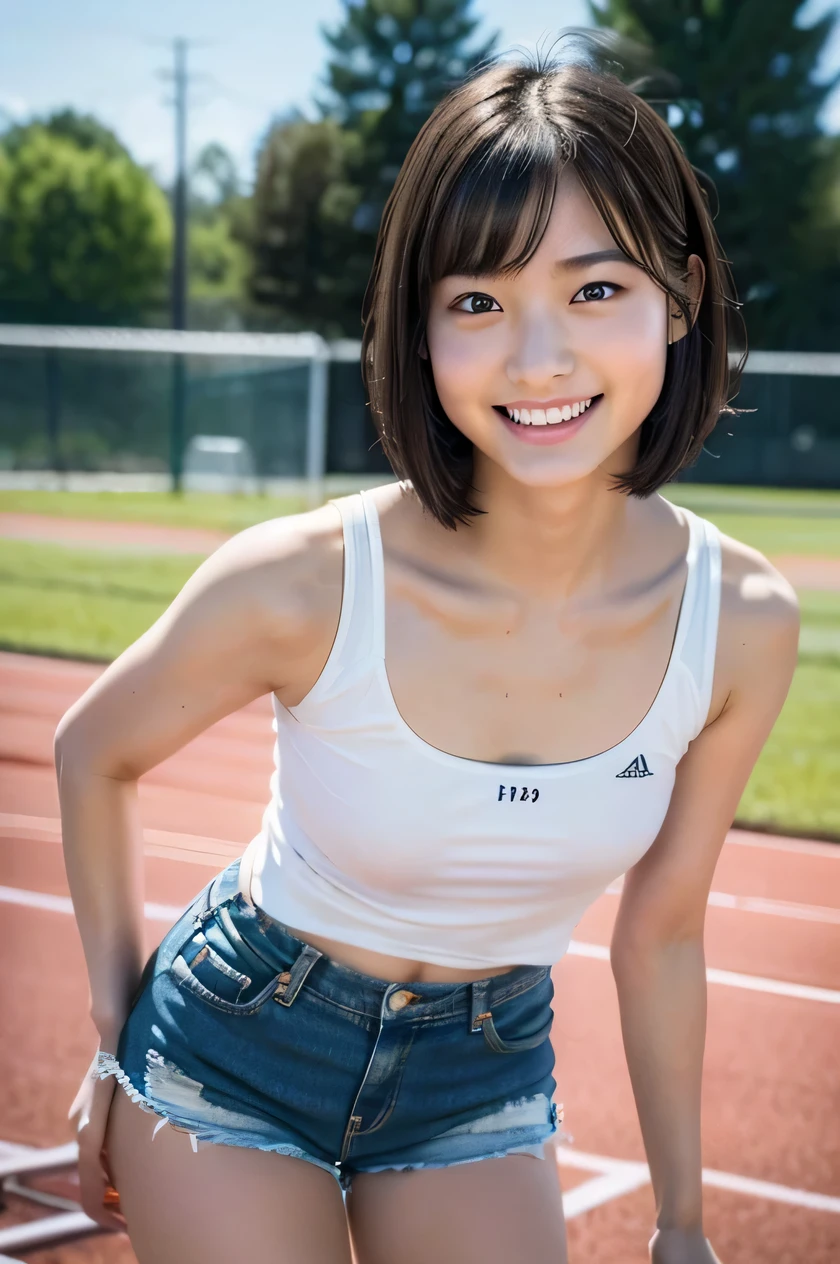 one japanese girl, (a beauty girl, delicate girl:1.3), (16 years old, gal:1.3), (denim shorts:1.2), very fine eye definition, (symmetrical black eyes:1.3), stare at the camera, A big smile, show teeth, (trackfield view:1.2), small breasts, brown short hair, girl, (eyes and faces with detailed:1.5), (masterpiece, best quality, ultra detailed, detailed face, 8k), Swayback stance