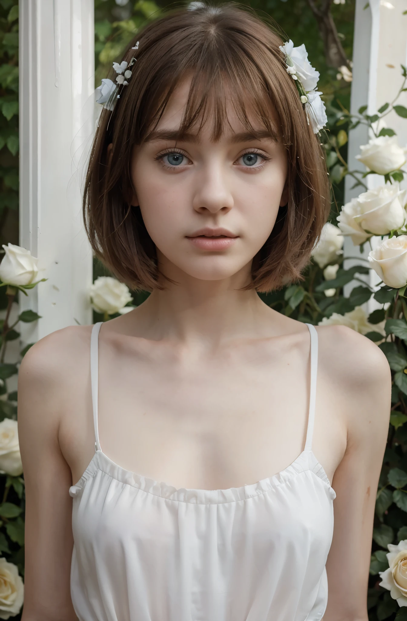 (best quality,hyper-realistic,ultra-detailed,8k), ager, fifteen years old, shy, sad, paleness, big blue eyes, very white skin, small nose, short brown hair with bangs, melancholy, delicate, feminine, skinny body, garden of thousand white roses, Eiffel tower.