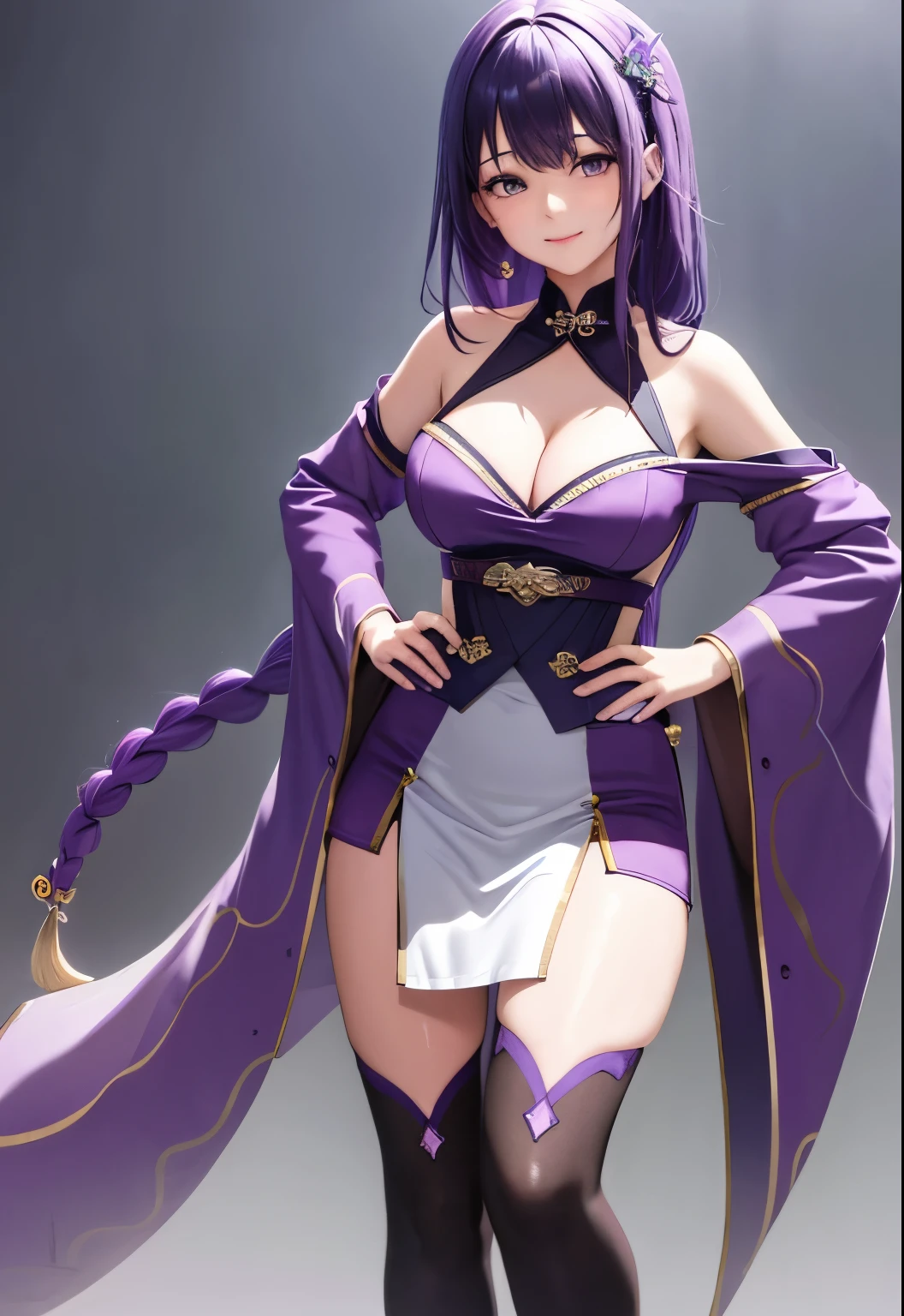 masterpiece，best qualtiy，1girll，（cleavage：1.5），（both hands on hip：1.5，purple color hair，long braid, smile, longer sleeves，visions（Genshin Impact），， purple thigh highs，looking at viewer, hermaphroditism，（kbxll：0.6）