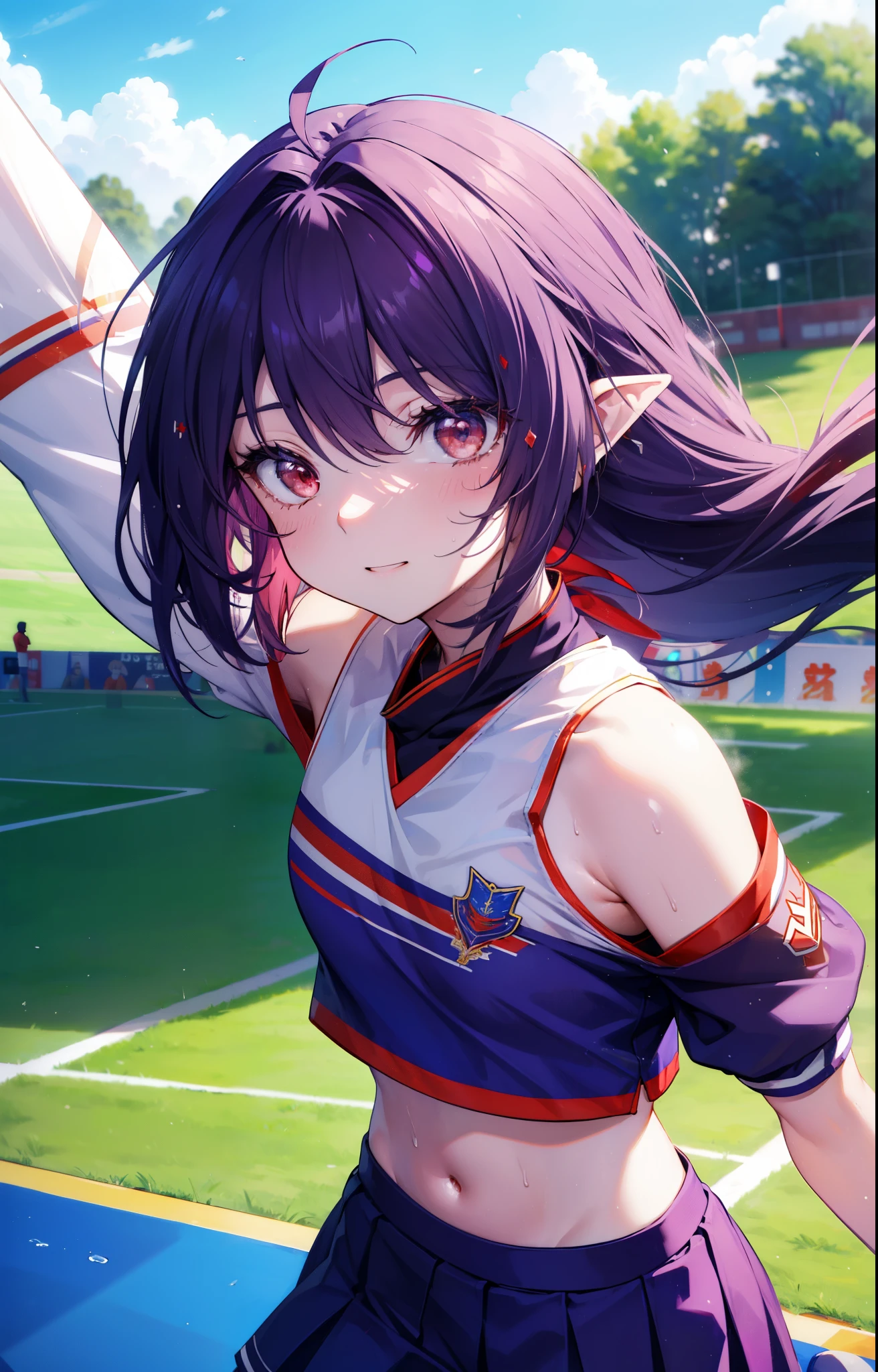 Yuki Konno, Yuki Konno, hair band, long hair, pointy ears, purple hair, (red eyes:1.5), (small breasts:1.2), open your mouth,(Very delicate eyes), (Cheerleader), (whole body), big breasts, lower, (sweaty), sweaty Wet Clothes, (purple clothes), , navel support, playground, (jump), (jump), 足を曲げてjumpする, air, blue sky, Grass原, smile,Cheerleader, pom pom \(Cheerleader\), Grass, Breaks down at the sight of the viewer., Upper body, whole body,
rest outdoors, destroy the playground (masterpiece:1.2), highest quality, High resolution, unity 8k wallpaper, (shape:0.8), (beautiful and detailed eyes:1.6), highly detailed face, perfect lighting, Very detailed CG, (perfect hands, perfect anatomy),