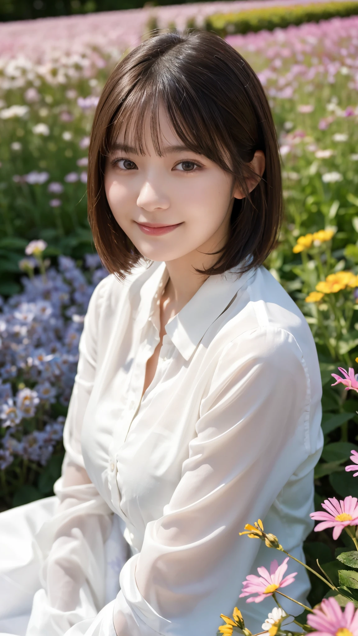 (highest quality,masterpiece:1.3,ultra high resolution),(Super detailed,caustics,8k),(photorealistic:1.4,RAW shooting),(girl lying in a flower field),18-year-old,cute,Japanese,black short hair,look up at the camera with a smile,white blouse,(big ),bust up shot,(high position),(high angle),face focus,(face close up),bright light,Natural light,professional writing
