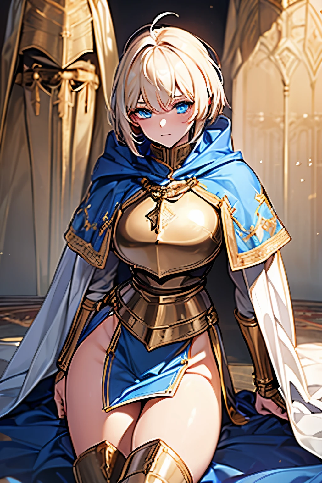 (best quality:1.4), female warrior, female knight, Holy Sword, Rapier, beautiful Hero Joan of Arc, iridescent blonde short bob cut, two side up with red ribbon, superlative body proportion, wearing (white and blue costume, long boots, cloak, gold plated decoration), background (medieval battlefield:1.4)