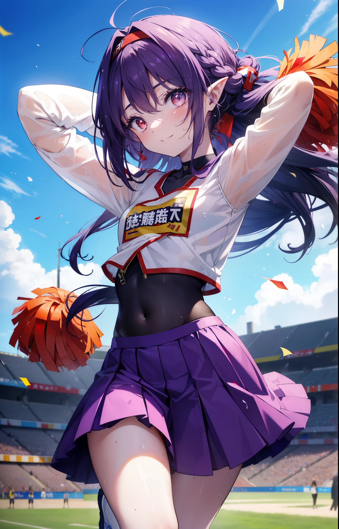 Yuki Konno, Yuki Konno, hair band, long hair, pointy ears, purple hair, (red eyes:1.5), (small breasts:1.2),pom pomーを両手で持っている, shyness,(Very delicate eyes), (Cheerleader), (whole body), lower, (sweaty), sweaty Wet Clothes, (purple clothes), , navel support, playground, (jump), (jump), 足を曲げてjumpする, air, blue sky, Grass原, smile,Cheerleader, pom pom \(Cheerleader\), Grass, look at the audience,　　　　　　　　　　　　　　　　　　　break outdoor ,arena,playground ,　　　　　　　　break looking at viewer, 　　　　　　　　　　　break (masterpiece:1.2), highest quality, High resolution, unity 8k wallpaper, (shape:0.8), (beautiful and detailed eyes:1.6), highly detailed face, perfect lighting, Very detailed CG, (perfect hands, perfect anatomy),