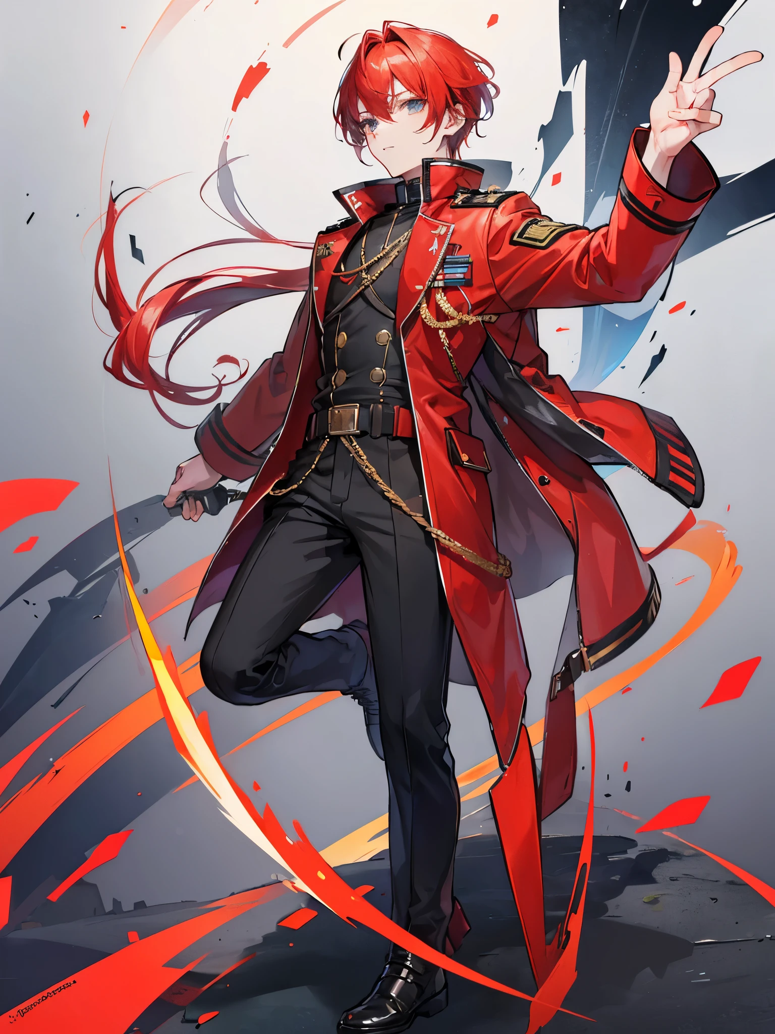 ((a boy)), iridescent red hair, amber eyes, ((idol costume)), long boots, ((individual)), ((military jacket)), ((high quality))