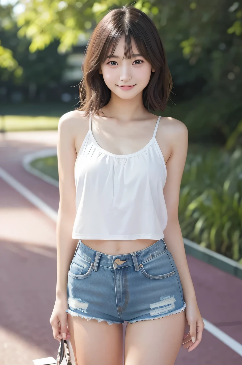 s old , 1 Girl,, Off the shoulder, smile, Summer Afternoon、Tank top、Extremely short skirt、thin、healthy、Active、Play、Round face、Slit eyes、Looking up