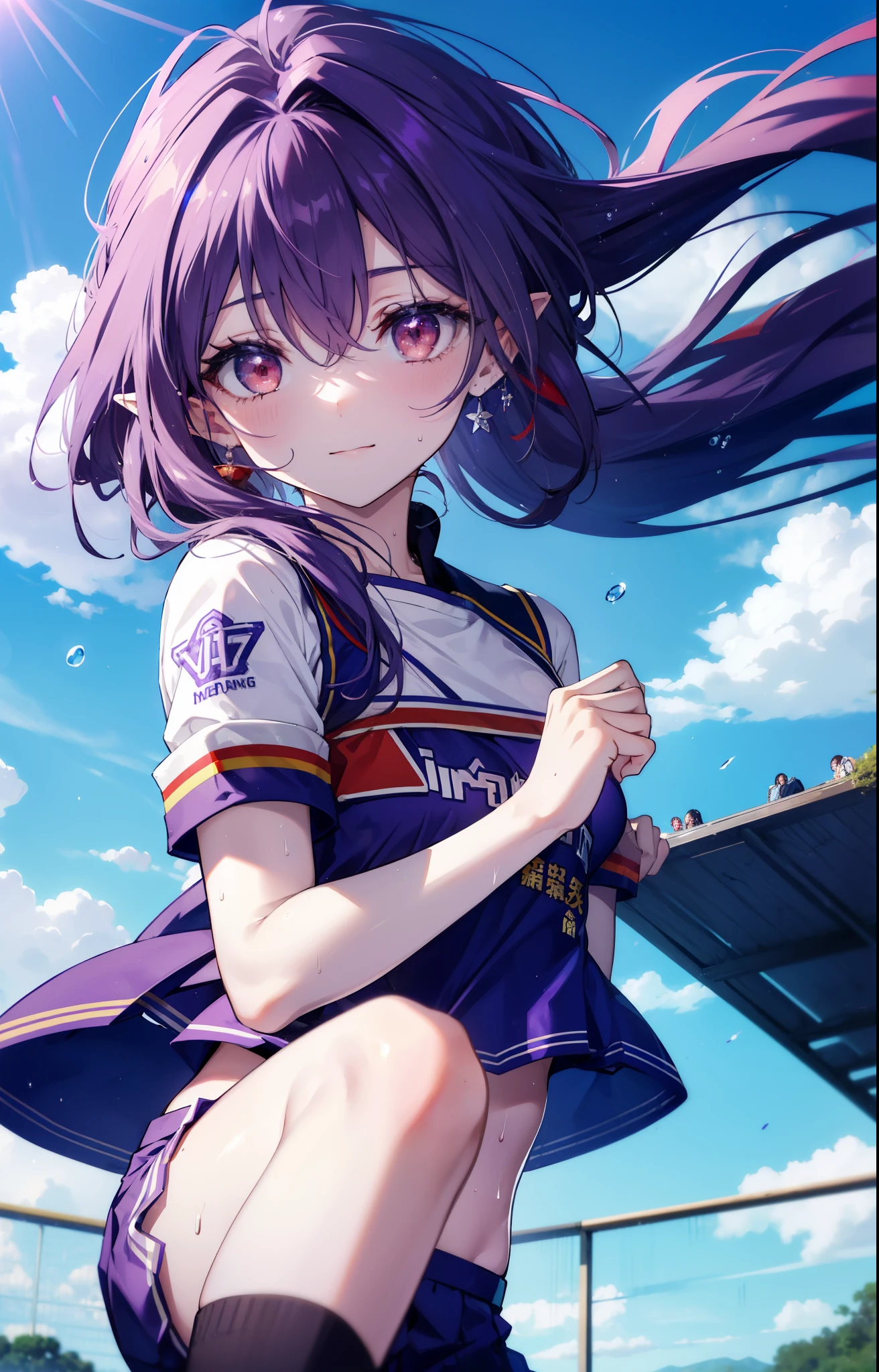 Yuki Konno, Yuki Konno, hair band, long hair, pointy ears, purple hair, (red eyes:1.5), (small breasts:1.2),pom pomーを両手で持っている, shyness,(Very delicate eyes), (Cheerleader), (whole body), lower, (sweaty), sweaty Wet Clothes, (purple clothes), , navel support, playground, (jump), (jump), 足を曲げてjumpする, air, blue sky, Grass原, smile,Cheerleader, pom pom \(Cheerleader\), Grass, look at the audience,　　　　　　　　　　　　　　　　　　　break outdoor ,arena,playground ,　　　　　　　　break looking at viewer, 　　　　　　　　　　　break (masterpiece:1.2), highest quality, High resolution, unity 8k wallpaper, (shape:0.8), (beautiful and detailed eyes:1.6), highly detailed face, perfect lighting, Very detailed CG, (perfect hands, perfect anatomy),