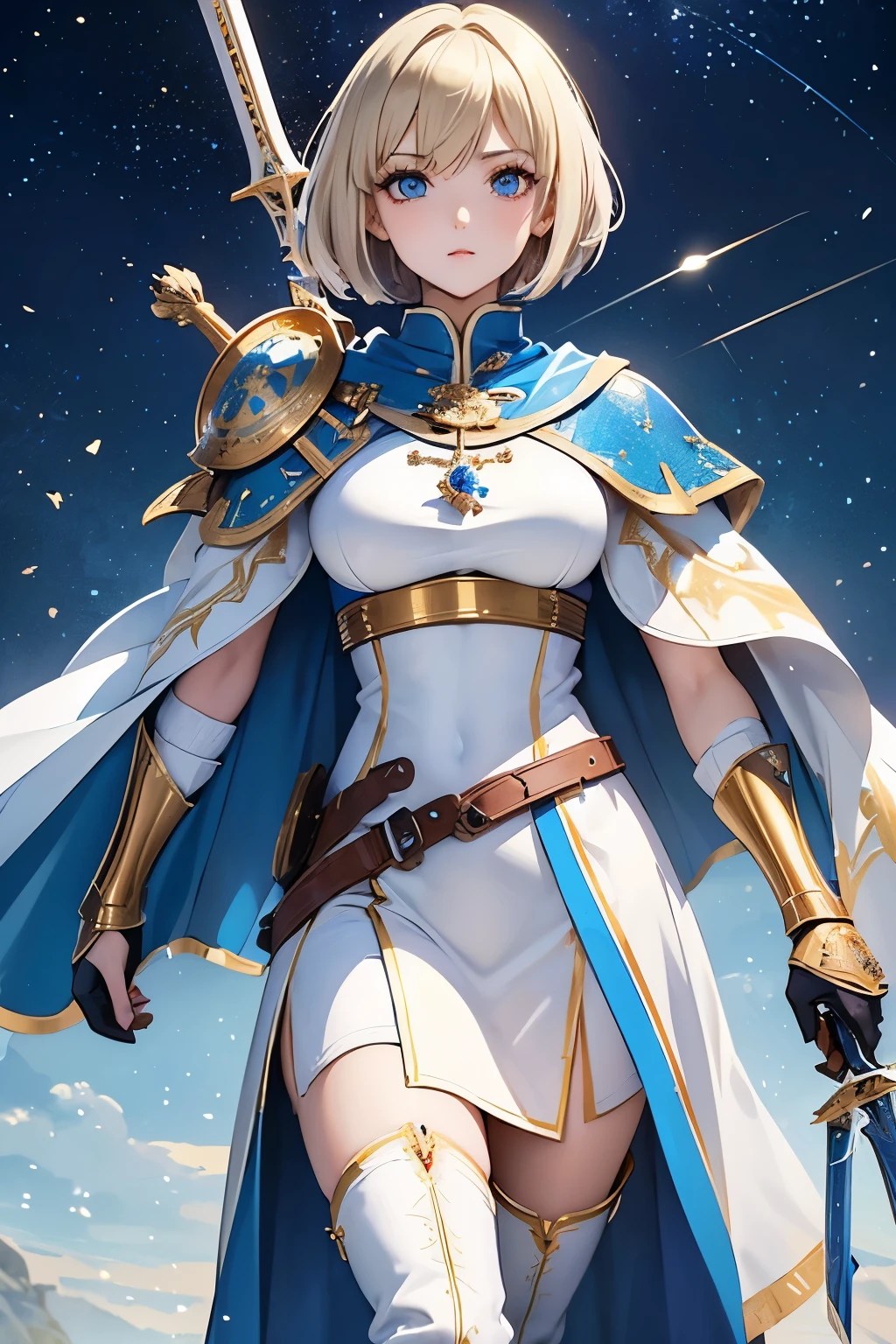(best quality:1.4), female warrior, female knight, Holy Sword, Rapier, beautiful Hero Joan of Arc, iridescent blonde short bob cut, two side up with red ribbon, superlative body proportion, wearing (white and blue costume, long boots, cloak, gold plated decoration), background medieval battlefield