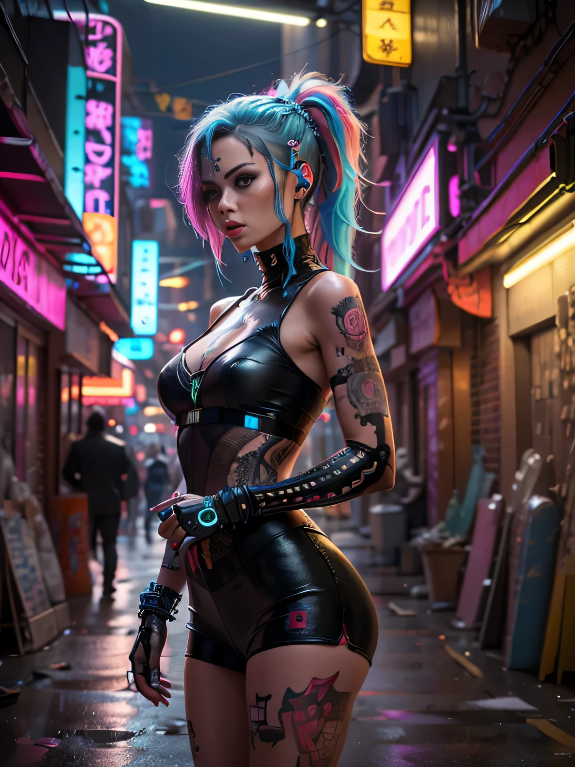 Colouring, hyper-realistic , Cyberpunk, Psychedelic female DJ , energia ilimitada, full of passion, artwork, portrait, usando roupas de vampiro integradas com trajes de DJ Cyberpunk modernos, completo com fones de ouvido e microfone, decote tatuado, Tattooed arms. The DJ's musical instruments are so sophisticated, Neon cables in all lugaNada, Neon Cables Colorations add a futuristic impnasion that is so strong, Psychedelic, neon yarn, Colouring, energia, Epic Futurism, louco, explosivo, High_nada, Very detailed