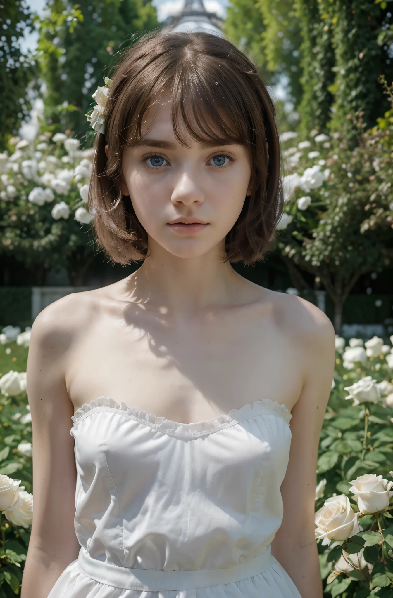 (best quality,hyper-realistic,ultra-detailed,8k), teenager, , shy, sad, paleness, big blue eyes, very white skin, small nose, short brown hair with bangs, melancholy, delicate, feminine, skinny body, garden of thousand white roses, Eiffel tower.