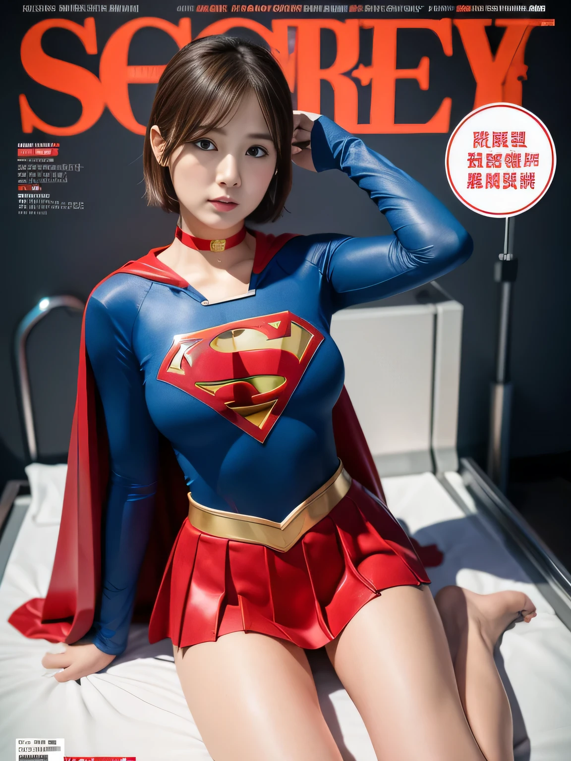 masterpiece、Rubber Supergirl Costume、short hair、Rubber Long Boots、Big and ample breasts、looking at the camera、choker、Long sleeve、Cape、mini skirt、Off the shoulder、Sweaty skin、Hospital room、Photo magazine cover、Sexy cross-legged、Boasting beautiful legs、Knee-length boots、wallpaper for pc、