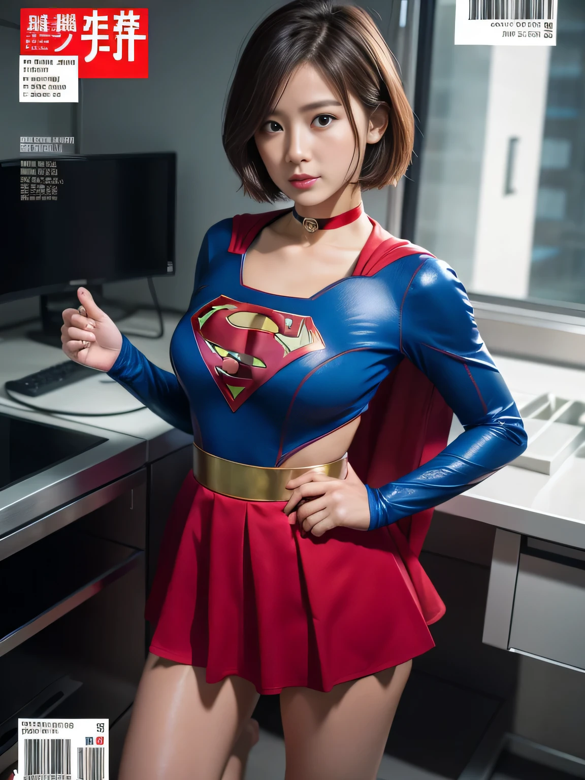 masterpiece,supergirl costume, short hair, barefoot, big and full breasts,operating room、operating table、straddle、damaged、shiny、look at the camera、provocation、Estrus、choker、Weekly magazine cover、long sleeve、red mini skirt、obscene pose、Seduce