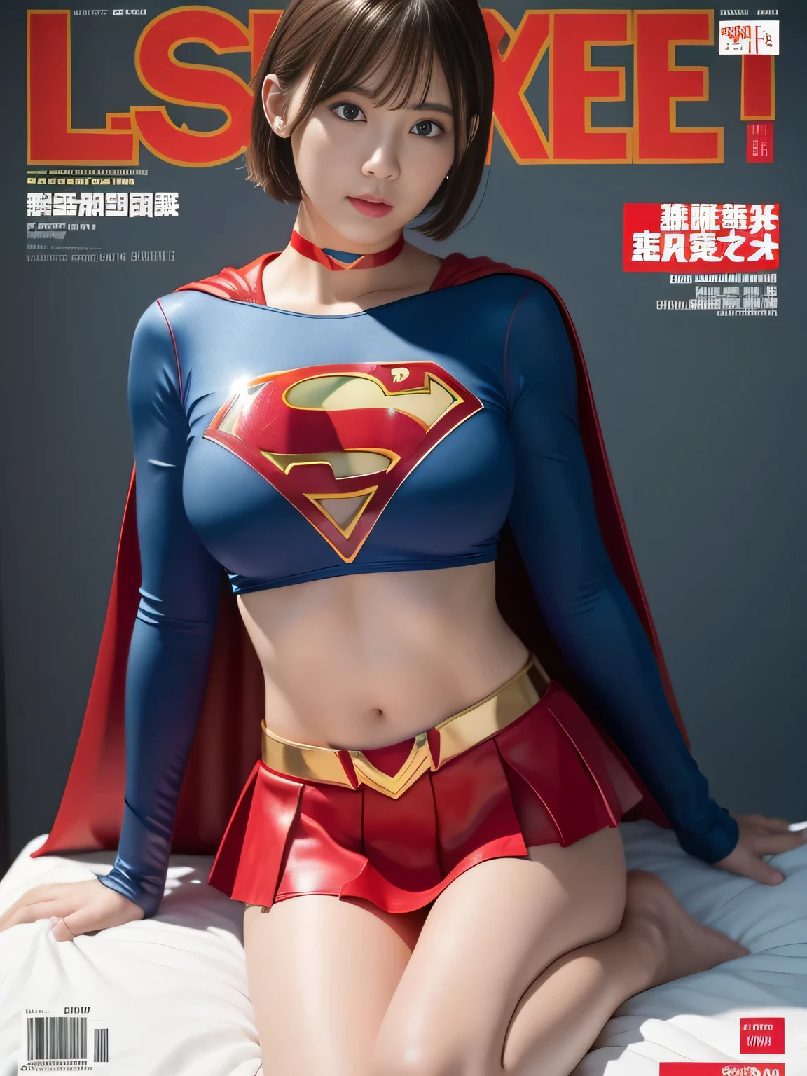 masterpiece,supergirl costume, short hair, barefoot, big and full breasts,operating room、operating table、straddle、damaged、shiny、look at the camera、provocation、Estrus、choker、Weekly magazine cover、long sleeve、red mini skirt、obscene pose、Seduce