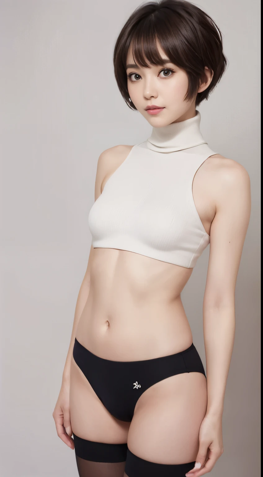 muste piece、highest quality、An illustration、Super fine、Fine、High resolution、8k wallpaper、perfect dynamic composition、(((Full body Esbian)))、((from below))、20 year old pretty girl、detailed beautiful face、Detailed and cute eyes、fine-textured skin、flushed cheeks、shy、(short cut hair:1.3)、(Wavy brown hair)、small breasts、bold sexy pose、smile、(No sleeve、Navel exposed、fitted turtleneck)、hot pants string street、small breasts、between the legs、Small ass、thin butt、Please generate above the eaves.、thin shoulders、In underwear、