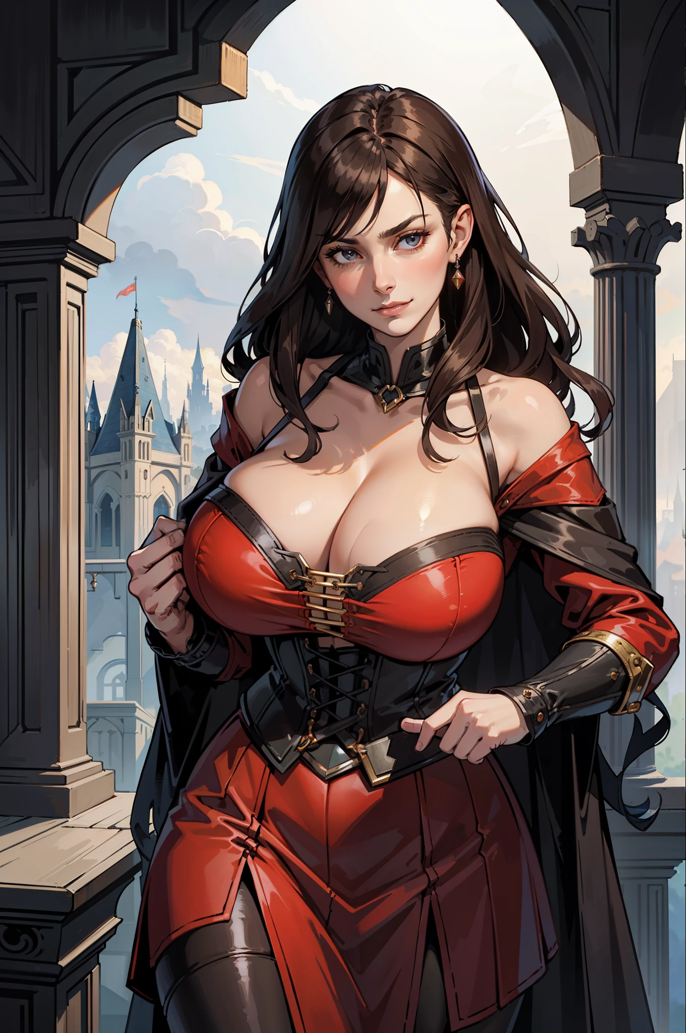 (masterpiece, top quality, best quality, official art, beautiful and aesthetic:1.2), (1girl:1.3), long and curly dark brown hair, extremely detailed, portrait, looking at viewer, solo, (full body:0.6), detailed background, close up, mischievous eyes, (warm summer castle theme:1.1), sorceress, charlatan, smirk, mysterious, walking in courtyard, revealing sorcerer attire, red skirts, off shoulder, long sleeves, loose sleeves, black leather, cloak, corset, long boots, buckles, straps, pouches, magic energy, red fabric, white trim, black leather, ((((gigantic breasts, cleavage, skindentation)))), slim waist, slim hips, long legs, medieval (castle exterior:1.1) background, dark mysterious lighting, shadows, magical atmosphere, dutch angle