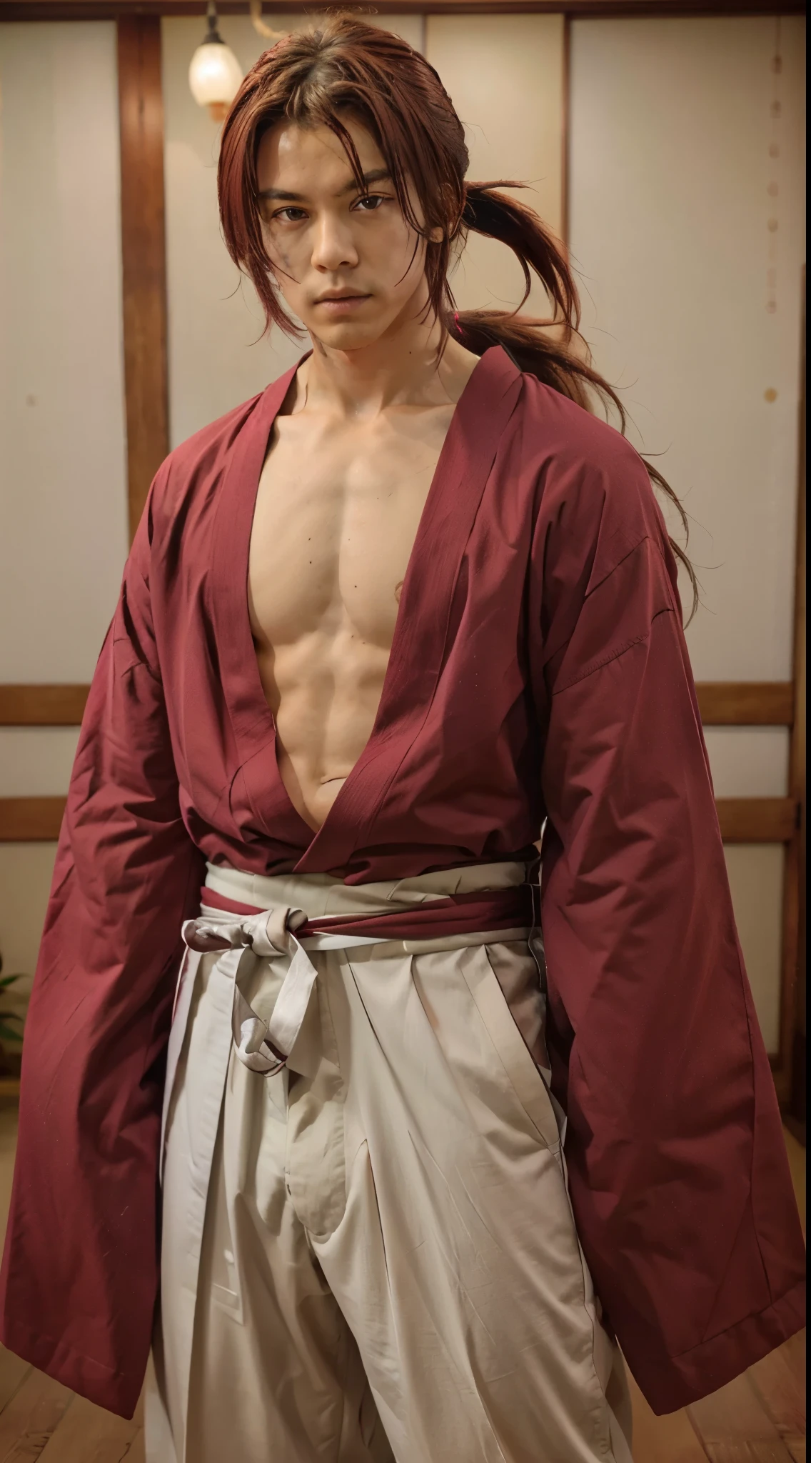 SamuraiXjapan man, 
solo, red long hair, 1boy, ponytail,  male focus, long red hair, japanese clothes,  kimono, scar, katana, sheath, scar on face, sheathed, unsheathing, samurai, 
