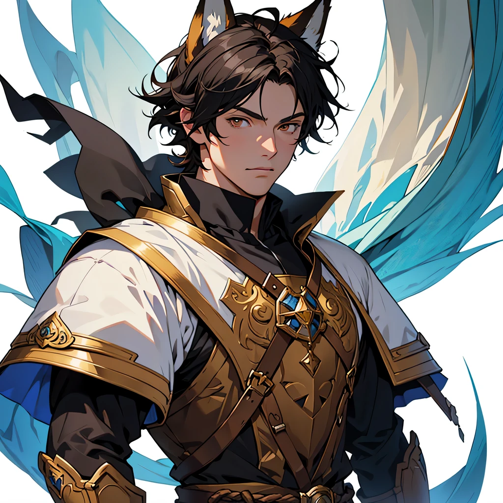medieval anime art, masterpiece, best quality, by professional artist, male, solo, upper body portrait, detailed composition, detailed eyes, (((white background))), black hair, fox ears, brown eyes, wearing fantasy armor