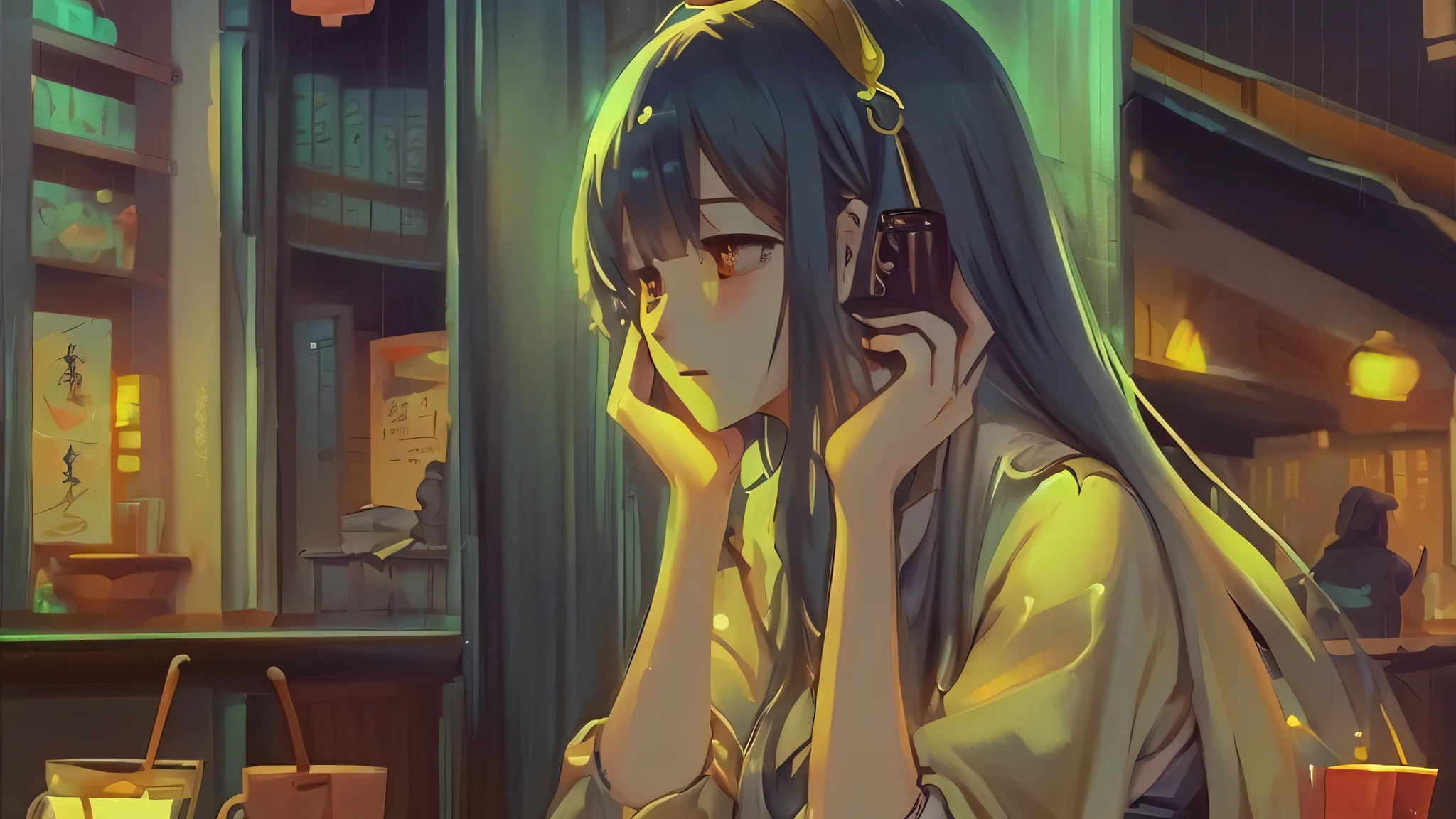 Cafe、night、Big coffee、read、beautiful girl、anime scenery、Shin Haichen、スタジオジブリanime style、Calm atmosphere、Calm、anime style、open book、rain