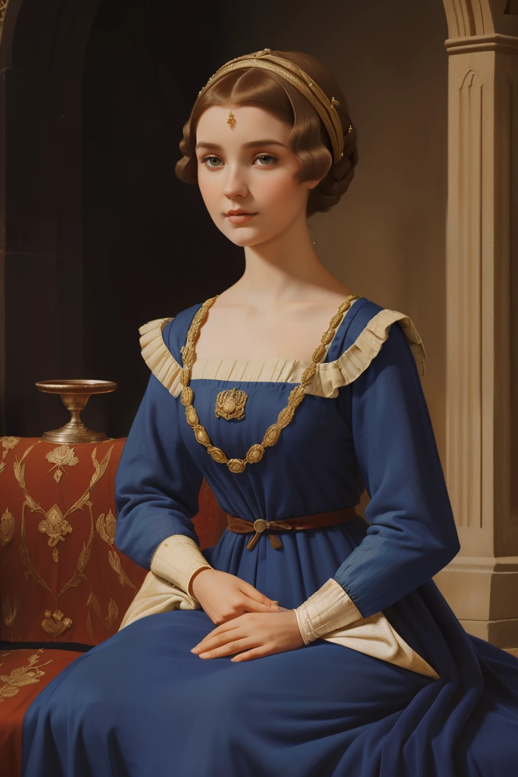 England, 1337. A young ((((25-year-old)) lady Philippa)). ((((clothings from the 1300s, gown)))), ((hairstyle of the 1300s))