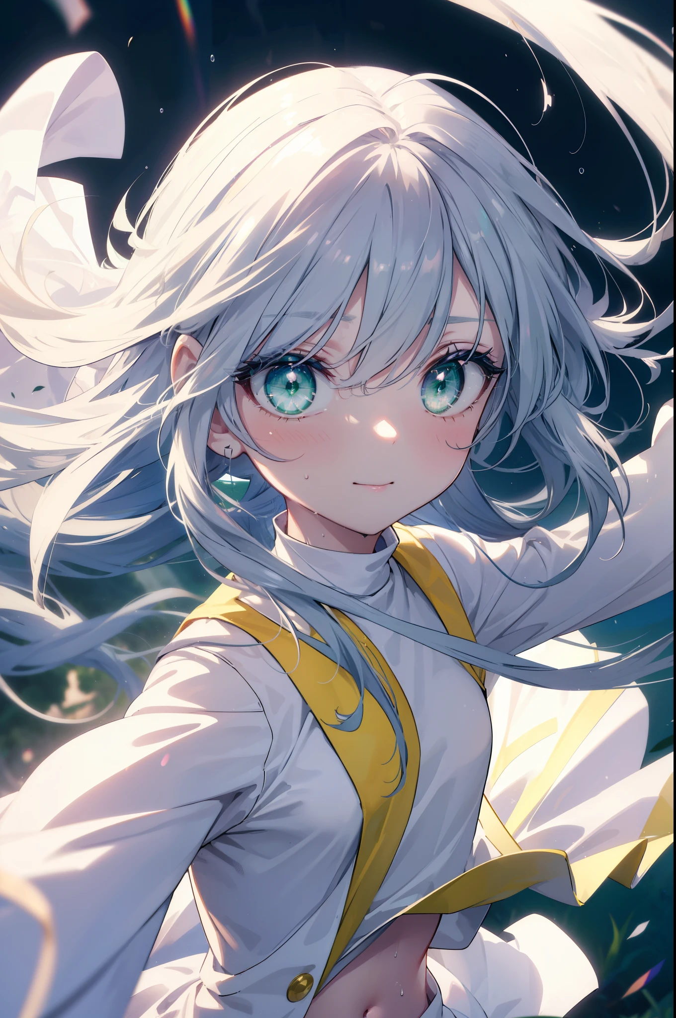 index, index, (green eyes:1.5), silver hair, long hair, pom pomを両手で持っている,Keeping your mouth open,(flat chest:1.2),(Very delicate eyes), (Cheerleader), (whole body), lower, (sweaty), sweaty Wet Clothes, (white clothes), , navel support, playground, (jump), (jump), 足を曲げてjumpする, air, blue sky, Grass原, smile,Cheerleader, pom pom \(Cheerleader\), Grass, smile, please raise your hand, Breaking standing looking at viewer, Upper body, whole body,
destroy indoors,arena,destroy the playground (masterpiece:1.2), highest quality, High resolution, unity 8k wallpaper, (shape:0.8), (beautiful and detailed eyes:1.6), highly detailed face, perfect lighting, Very detailed CG, (perfect hands, perfect anatomy),