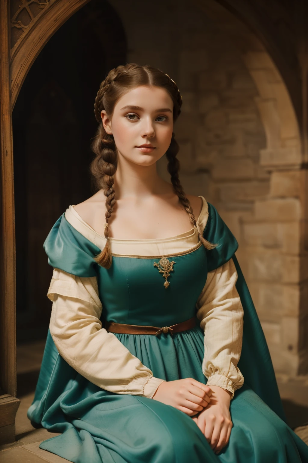 England, 1337. A young ((((25-year-old)) lady Philippa)). ((((clothings from the 1300s, gown)))), ((hairstyle of the 1300s))