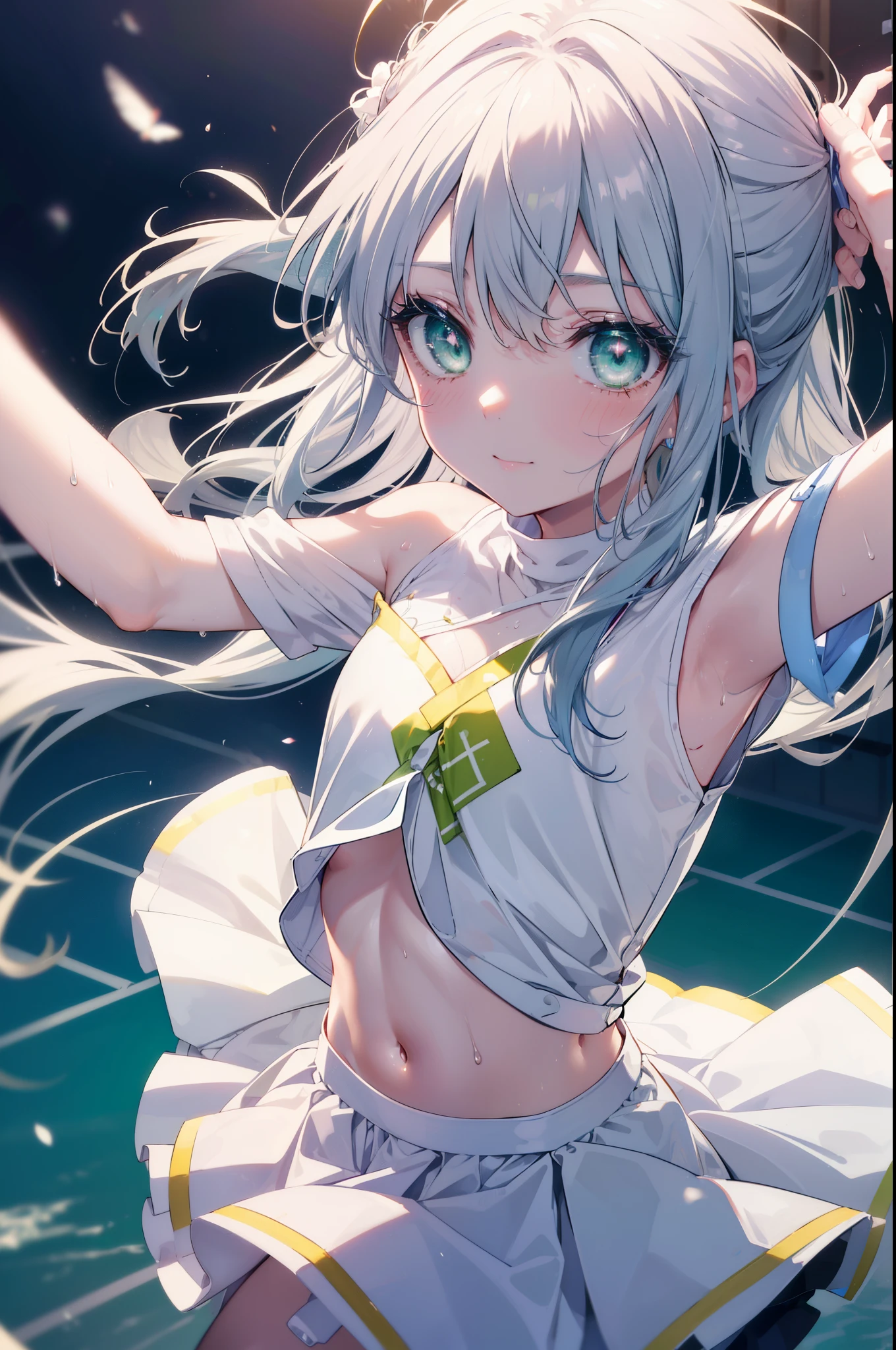 index, index, (green eyes:1.5), silver hair, long hair, pom pomを両手で持っている,Keeping your mouth open,(flat chest:1.2),(Very delicate eyes), (Cheerleader), (whole body), lower, (sweaty), sweaty Wet Clothes, (white clothes), , navel support, playground, (jump), (jump), 足を曲げてjumpする, air, blue sky, Grass原, smile,Cheerleader, pom pom \(Cheerleader\), Grass, smile, please raise your hand, Breaking standing looking at viewer, Upper body, whole body,
destroy indoors,arena,destroy the playground (masterpiece:1.2), highest quality, High resolution, unity 8k wallpaper, (shape:0.8), (beautiful and detailed eyes:1.6), highly detailed face, perfect lighting, Very detailed CG, (perfect hands, perfect anatomy),