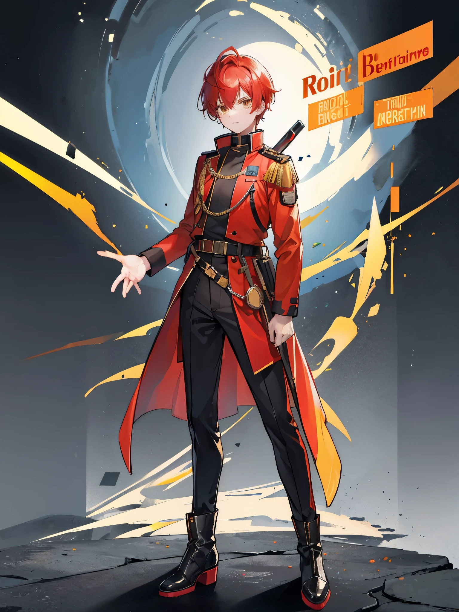 ((a boy)), iridescent red hair, amber yellow eyes, ((idol costume)), long boots, ((individual)), ((military jacket)), ((high quality))
