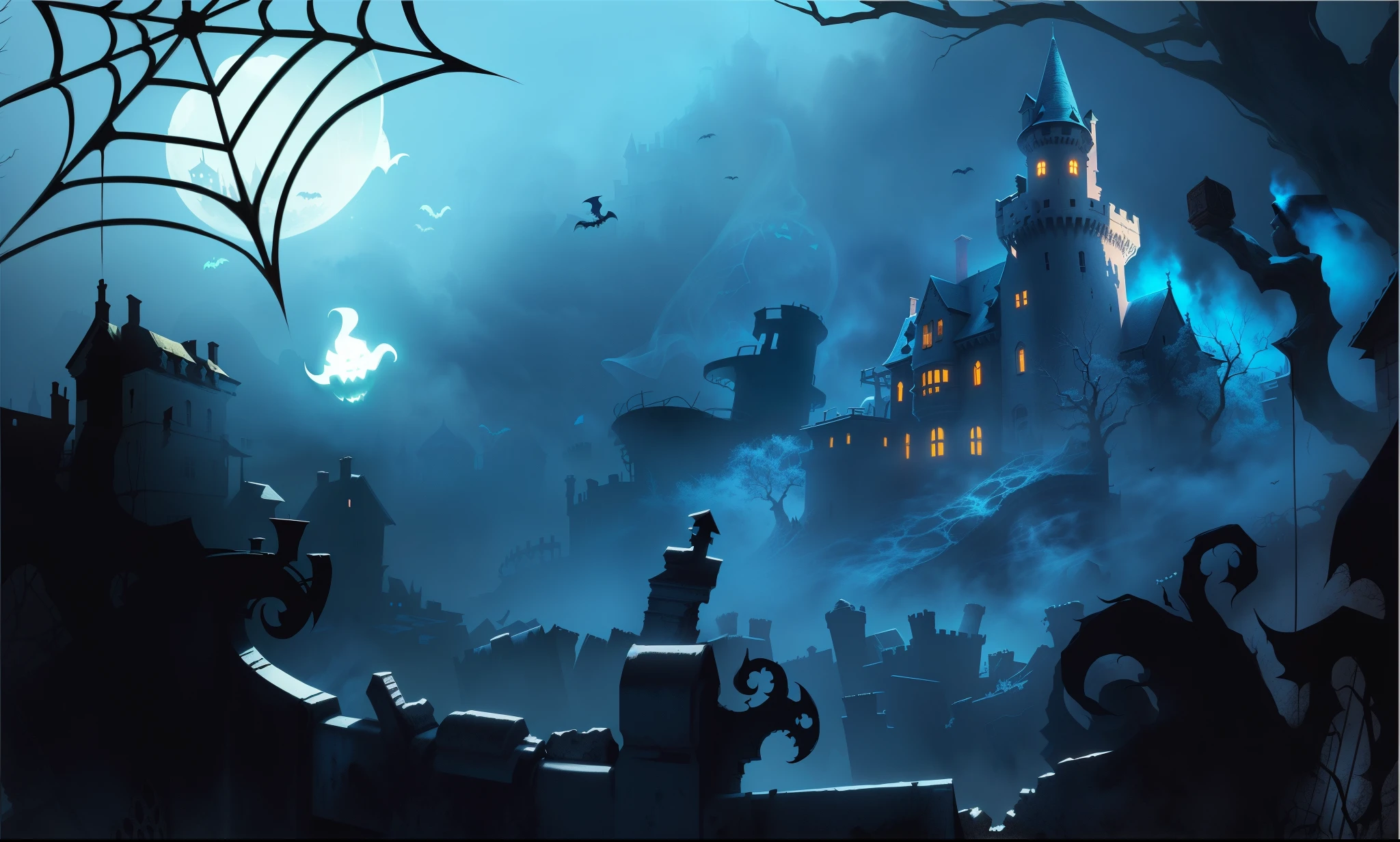There is a cartoon,The painting is of a ghost castle with a net., background artwork, halloween art style, background art, haunted background, Depicted as game concept art, stylized concept art, game illustration, Weird nostalgic concept art, Halloween tablecloth with ghost, Scary magic background, shadowy castle background, Just a joke, author:Jakub Husnik, Ghost Mansion