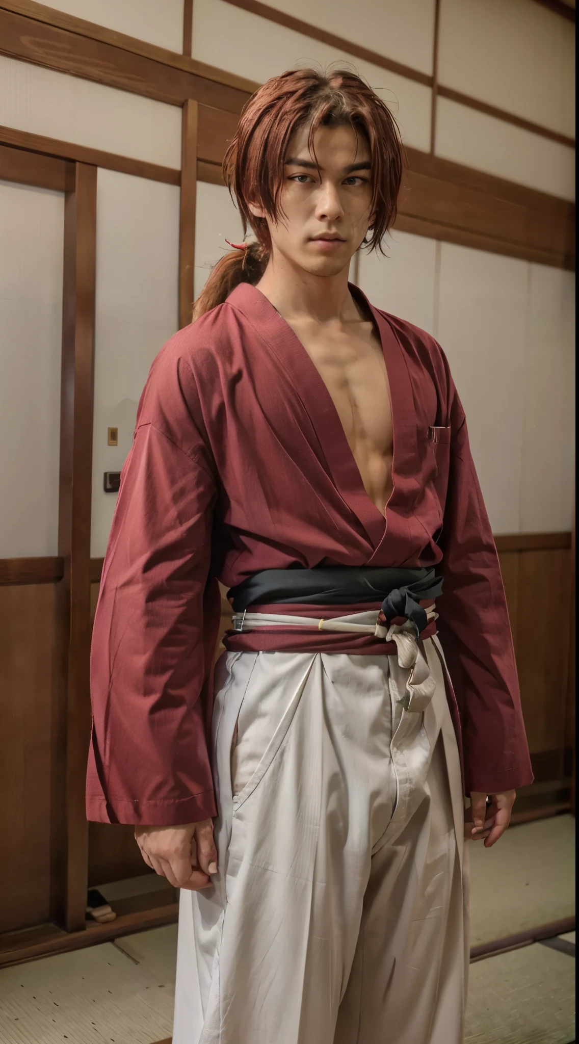 SamuraiXjapan man, 
solo, red long hair, 1boy, ponytail,  male focus, long red hair, japanese clothes,  kimono, scar, katana, sheath, scar on face, sheathed, unsheathing, samurai, 
