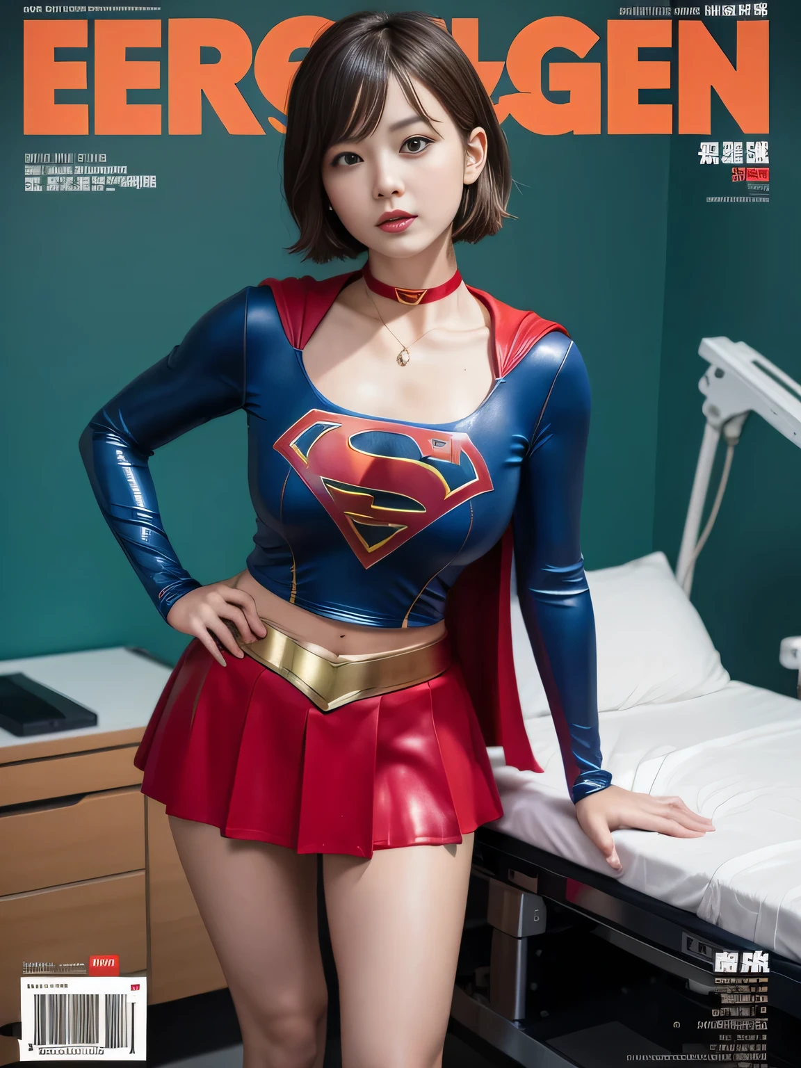masterpiece,supergirl costume, short hair, barefoot, big and full breasts,operating room、operating table、straddle、damaged、shiny、look at the camera、provocation、Estrus、choker、Weekly magazine cover、long sleeve、red mini skirt、obscene pose、Seduce