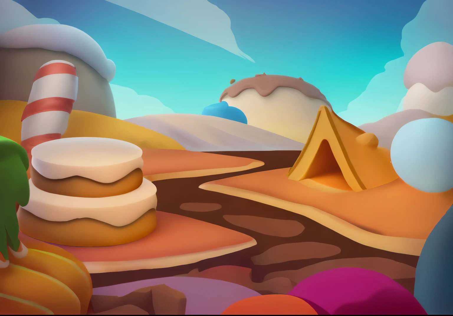 Food world，cookie house，Cake house，Chocolate River，magical，pudding，bread mountain，Blue sky and white clouds，3D cartoon，high quality