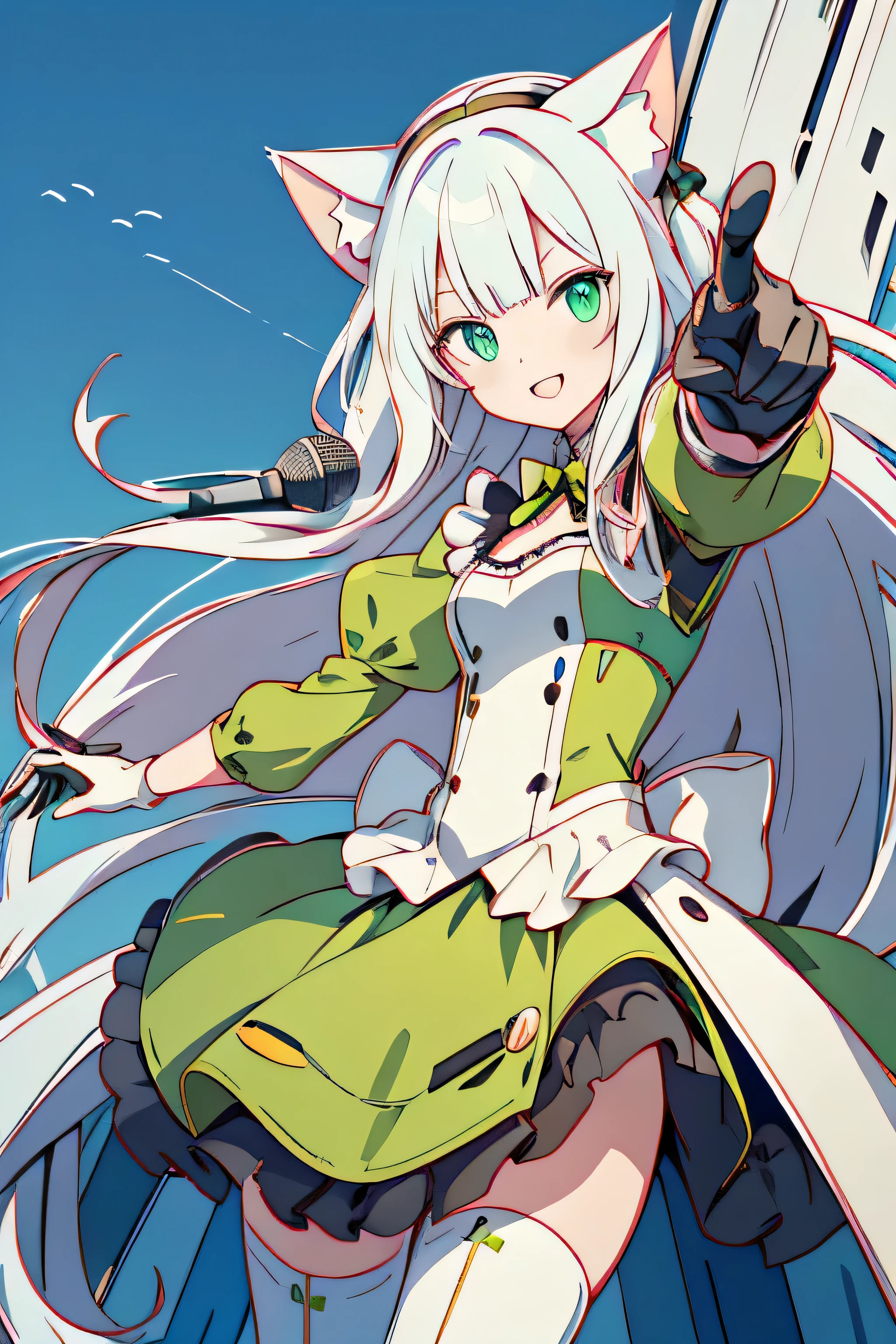 1 Cat-eared maid wearing a mecha suit, Slender fuselage,shining eyes, ((cool pointing pose)),((I have a karaoke microphone)),camouflage, green and white body,((cat ears long hair)),battlefield concept art ,ink art, flat color, high contrast, fashion absurdity, highest quality, negative space,Against the background of blue sky and white clouds,With a big smile,