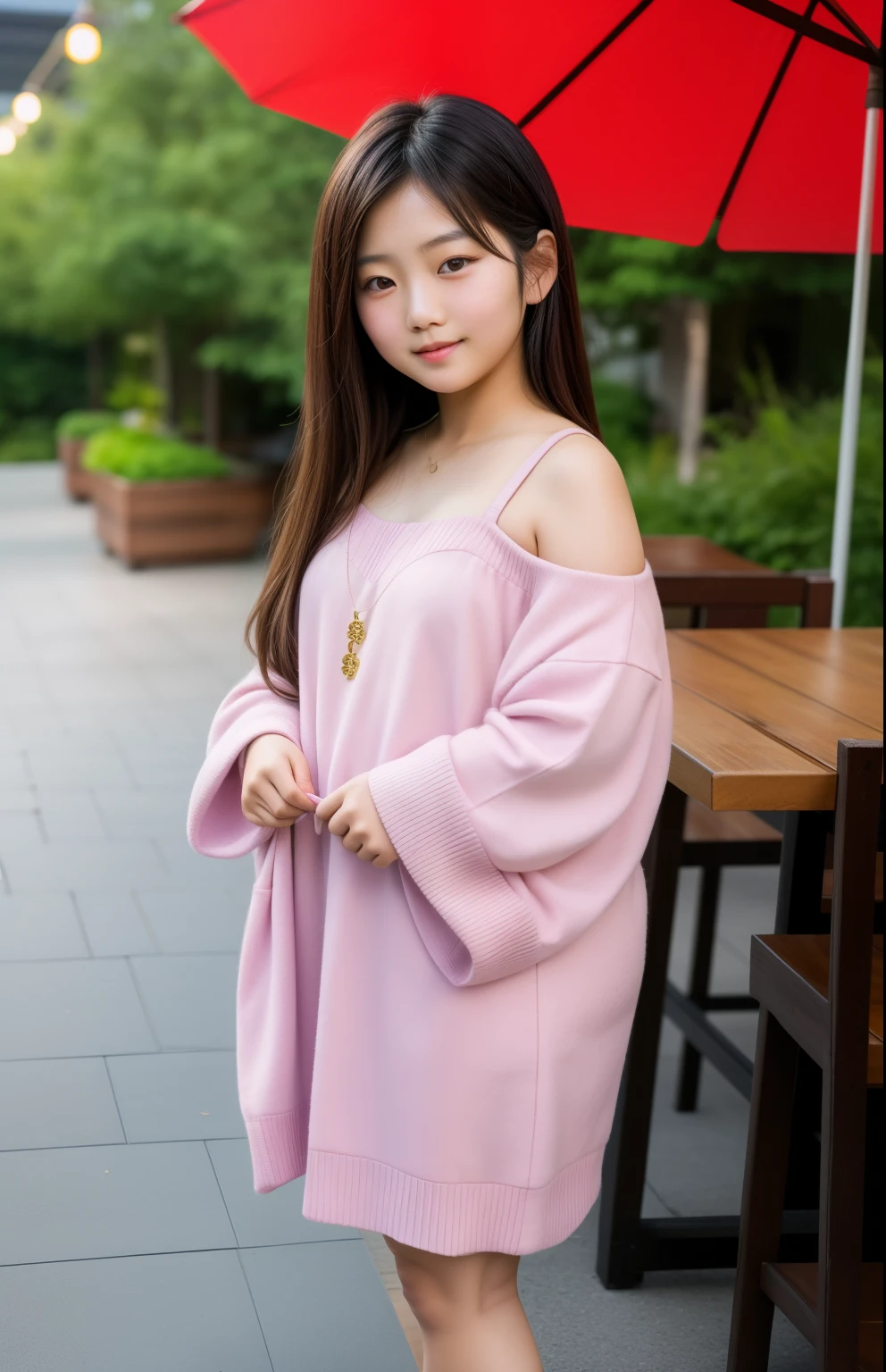 asian girl, standing in front of a patio, asian girl, young asian girl with long dark hair, 1girl, standing, cute girl, chubby, 11 years old, long hair, naked girl, detail, high quality, 8k