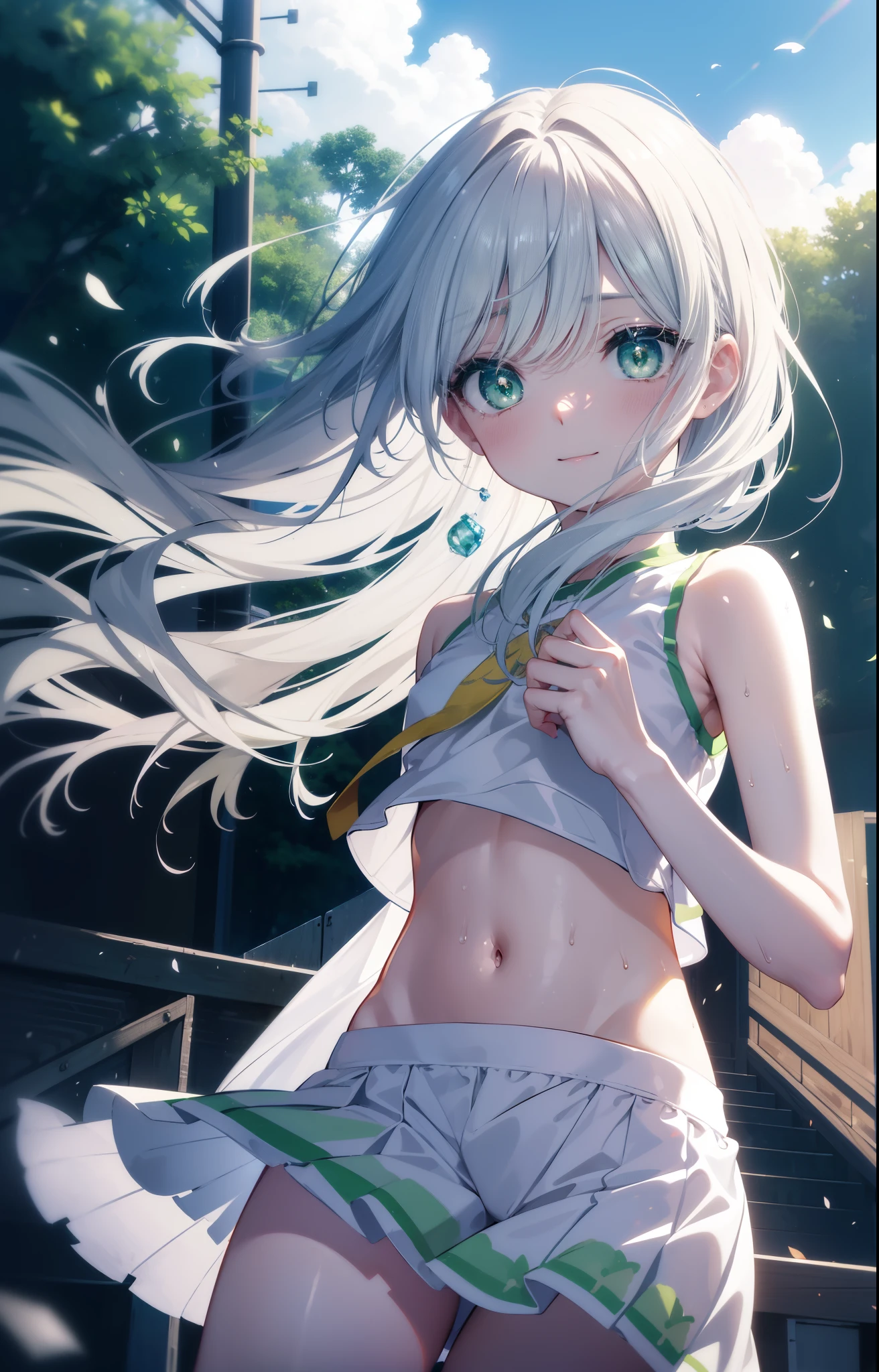 index, index, (green eyes:1.5), silver hair, long hair, pom pomを両手で持っている,Keeping your mouth open,(flat chest:1.2),(Very delicate eyes), (Cheerleader), (whole body), lower, (sweaty), sweaty Wet Clothes, (white clothes), , navel support, playground, (jump), (jump), 足を曲げてjumpする, air, blue sky, Grass原, smile,Cheerleader, pom pom \(Cheerleader\), Grass, smile, please raise your hand,
break looking at viewer, Upper body, whole body,
break outdoors,arena,playground,
break (masterpiece:1.2), highest quality, High resolution, unity 8k wallpaper, (shape:0.8), (beautiful and detailed eyes:1.6), highly detailed face, perfect lighting, Very detailed CG, (perfect hands, perfect anatomy),
