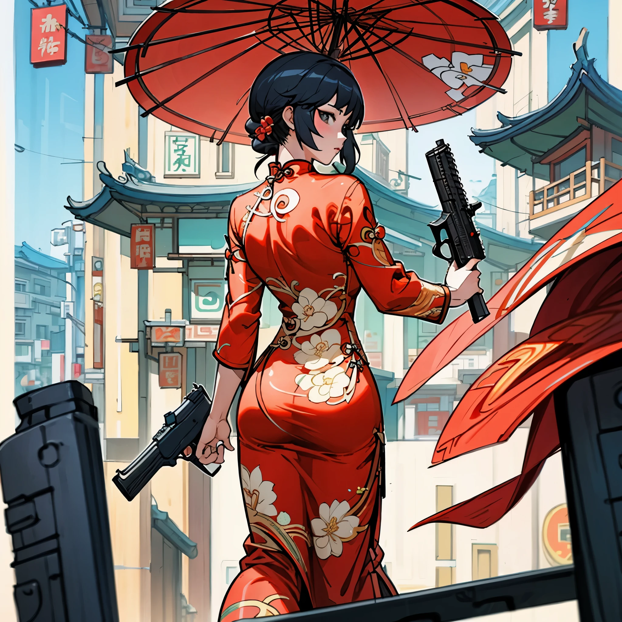 There is a woman in red holding a gun, GTA Chinatown art style, back view，back view，back view，butt close-up，wearing a red cheongsam, 3D CG, 3D CG, grand theft auto chinatown art style, Wong Kar Wai style, 2 d CG, Popular topics on cgstation, cheongsam, grand theft auto chinatown, gangster slim girl, guweiz style artwork，简约纯红cheongsam，Minimalist scene