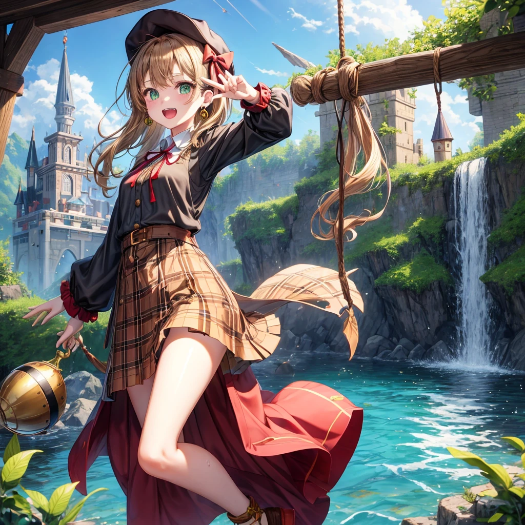 reddish-brown blonde、green eyes、one good looking girl、solo、anime、plaid mini skirt、the skirt has buttons、camisole、black t-shirt、dress、wearing a ribbon、ribbon at waist、cloak、hood、clouds are swirling、stone slabs are piled up、one hand raised、Wearing a baseball cap 、crystal earrings、sun、gold coins are falling、teeth are visible、splash of water、monster castle、have a world map、bow、Swing、ceiling、frying pan