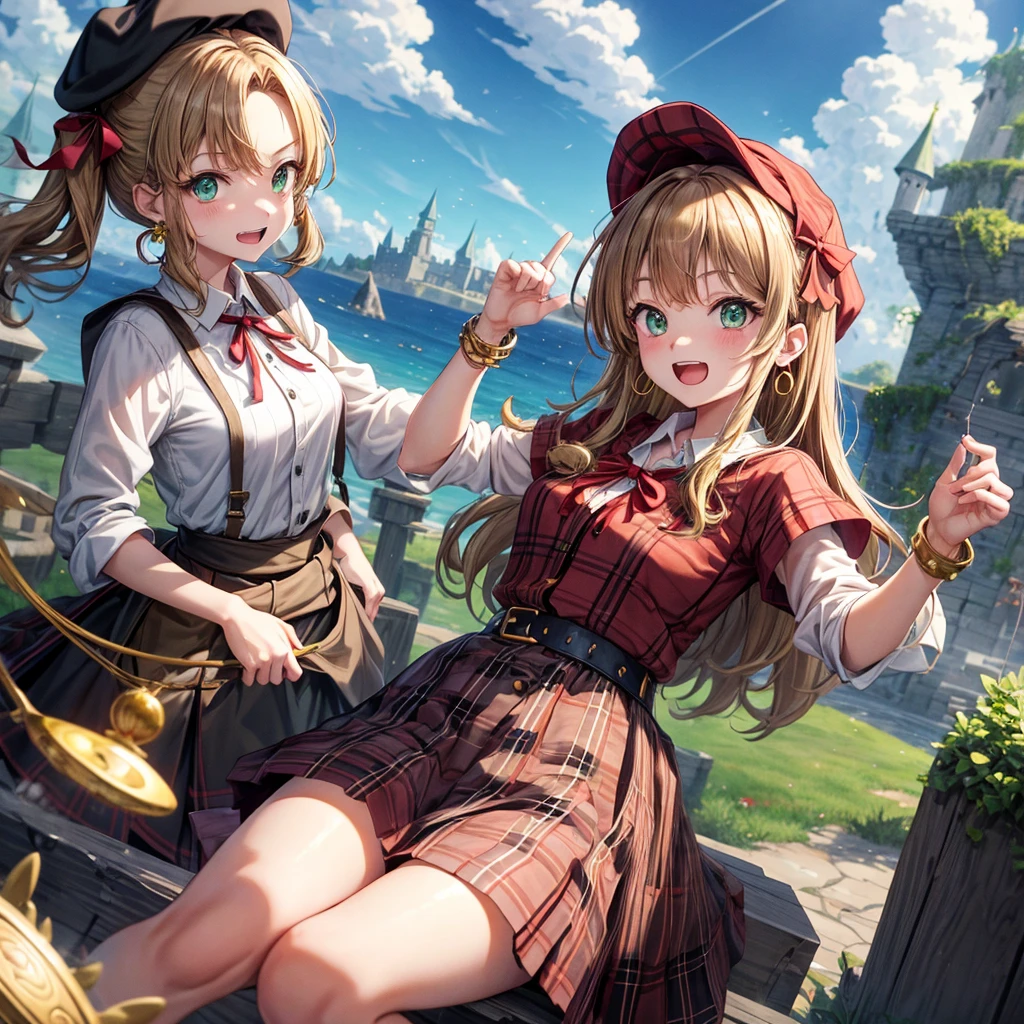 reddish-brown blonde、green eyes、one good looking girl、solo、anime、plaid mini skirt、the skirt has buttons、camisole、black t-shirt、dress、wearing a ribbon、ribbon at waist、cloak、hood、clouds are swirling、stone slabs are piled up、one hand raised、Wearing a baseball cap 、crystal earrings、sun、gold coins are falling、teeth are visible、splash of water、monster castle、have a world map、bow、Swing、ceiling、frying pan
