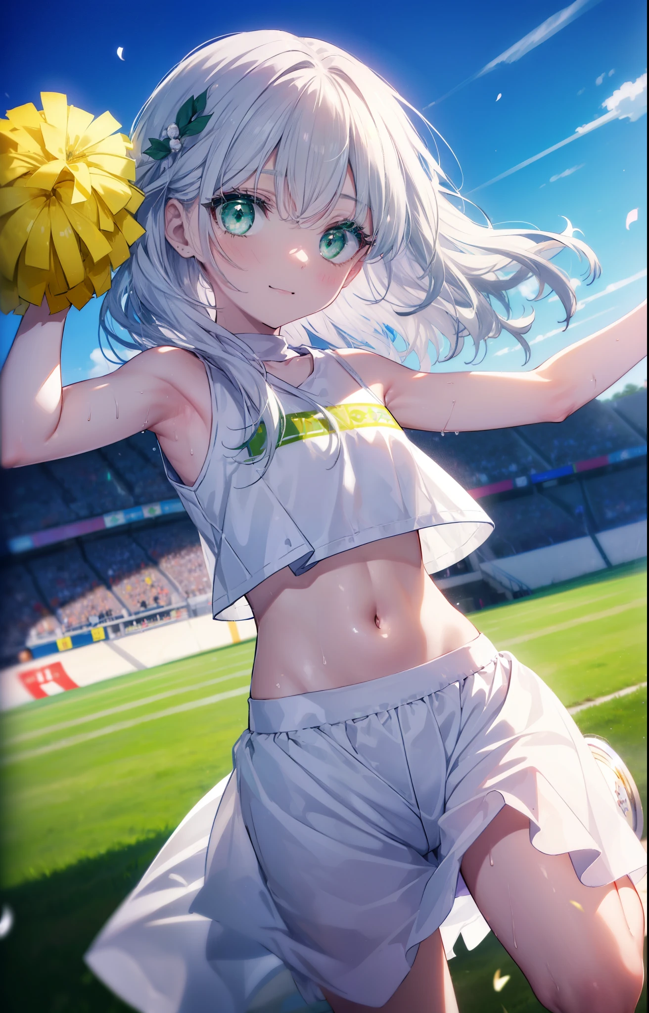 index, index,Silver Hair, (Green Eyes:1.5),Long Hair, (Flat Chest:1.2),Grin,tooth,Daytime,sunny,
,(cheer leading), (whole body), Lower, (Sweaty), Sweaty Wet Clothes, (White clothes),Sleeveless, Pleated skirt,Black socks,sneakers, Belly button support, playground, (Jump), (Jump), 足を曲げてJumpする, air, blue sky, Grass原, smile,Cheerleader, Pom-pom \(cheer leading\)have, Grass, smile, whole bodyがイラストに入るように,
break looking at viewer, whole body,(Cowboy Shot:1. 5) ,
break outdoors, Stadium,crowd, people々々々,A packed audience,
break (masterpiece:1.2), Highest quality, High resolution, unity 8k wallpaper, (shape:0.8), (Beautiful and beautiful eyes:1.6), Highly detailed face, Perfect lighting, Extremely detailed CG, (Perfect hands, Perfect Anatomy),