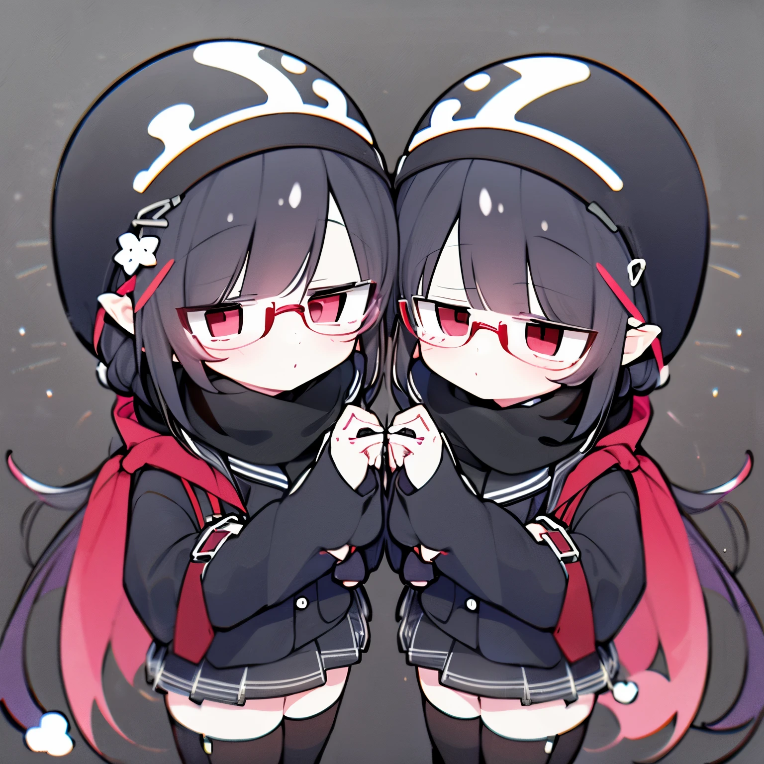 (masterpiece), best quality, expressive eyes, perfect face, red eye, black beanie, cut black hair, black scarf, black school uniform, short skirt, Round Glasses Black, standing, simple background