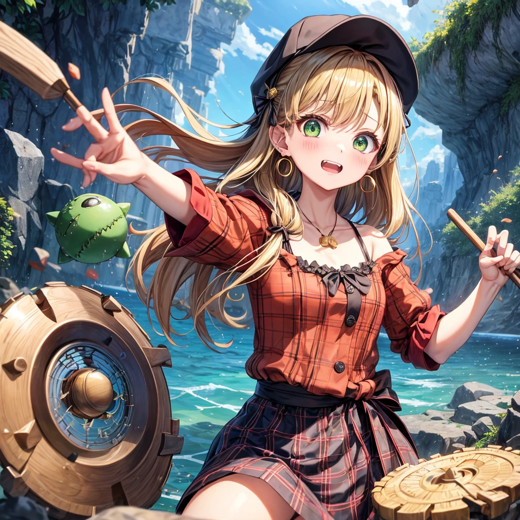 reddish-brown blonde、green eyes、one good looking girl、solo、anime、plaid mini skirt、the skirt has buttons、camisole、black t-shirt、dress、wearing a ribbon、ribbon at waist、cloak、hood、clouds are swirling、stone slabs are piled up、one hand raised、Wearing a baseball cap 、crystal earrings、sun、gold coins are falling、teeth are visible、splash of water、monster castle、have a world map、bow、Swing、ceiling、frying pan、graffiti