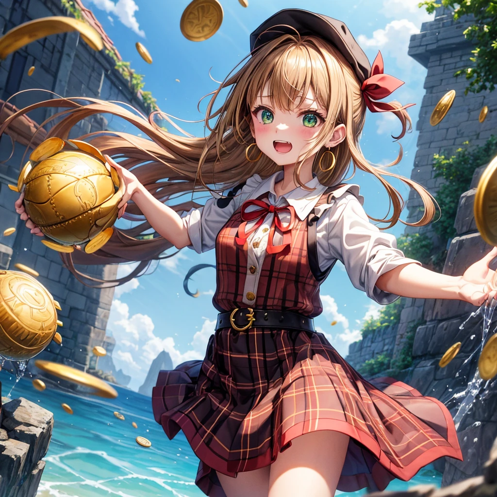 reddish-brown blonde、green eyes、one good looking girl、solo、anime、plaid mini skirt、the skirt has buttons、camisole、black t-shirt、dress、wearing a ribbon、ribbon at waist、cloak、hood、clouds are swirling、stone slabs are piled up、one hand raised、Wearing a baseball cap 、crystal earrings、sun、gold coins are falling、teeth are visible、splash of water、monster castle、have a world map、bow、Swing、ceiling、frying pan、graffiti